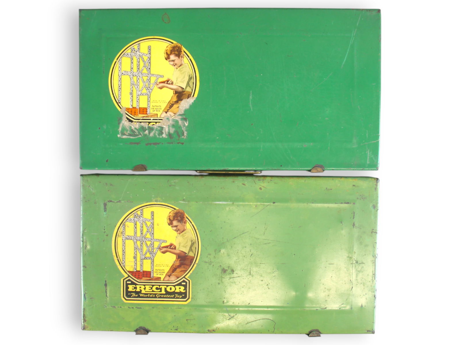 (2) 1930's Gilbert Erector No. 6 "Sears" Sets: Vintage pair of 1930's A.C. Gilbert Erector No. 6 "Sears" sets, each housed in its original green painted metal case. Both sets include fitted cardboard inserts displaying girders, curved plates,
