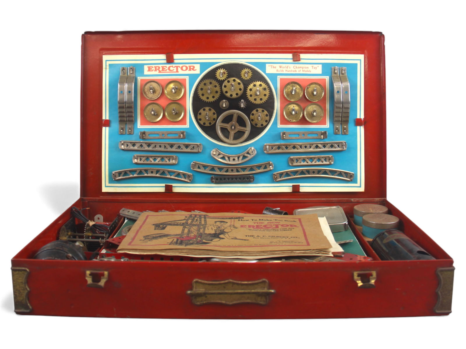 Boxed 1933 A.C. Gilbert Erector No. 7 Set: 1933 A.C. Gilbert Erector No. 7 set housed in its original red-painted metal case. This set would have been offered through Sears. The interior retains its original cardboard insert with an array of