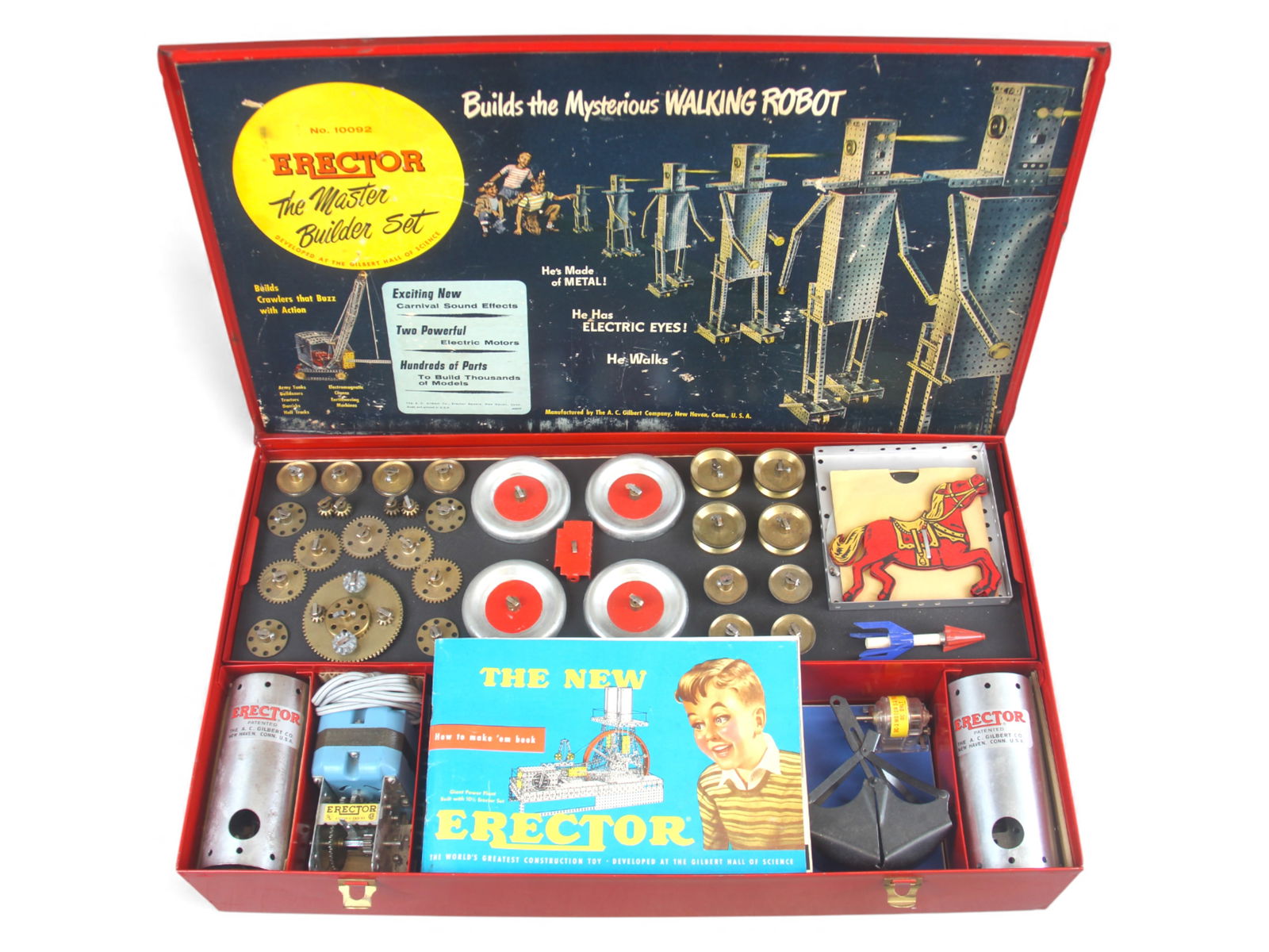 1958 Gilbert Erector No. 10092 Walking Robot Set: 1958 A.C. Gilbert Erector Set No. 10092, housed in a bright red metal case with applied "Be an Erector Engineer!" cover decal (decal is a reproduction. The colorful interior insert features bold