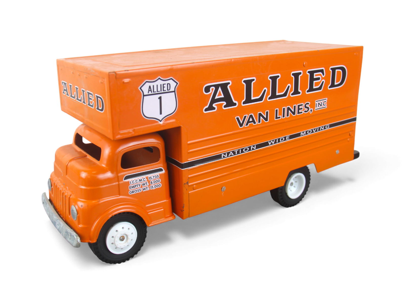 Custom Structo COE Moving Van: Nice job utilizing a Structo cab & Ny-Lint U-Haul box. Shipping: Weiss Auctions offers full-service, in-house shipping for nearly all items in this auction. For a shipping quote, please contact us