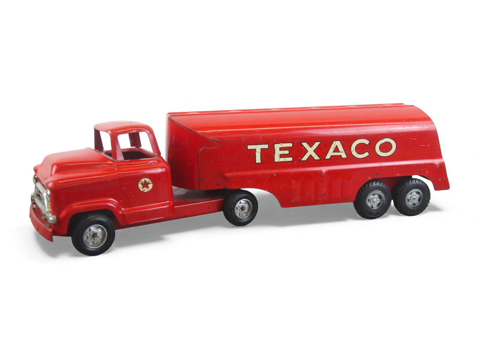 1958 Buddy L Texaco Promo Truck: This was the 1st Promo for Buddy L. It is painted pressed steel with plastic tires, 24" long. The grill has worn chrome, but its intact. Decals have hairlines, but not offensive. It should polish