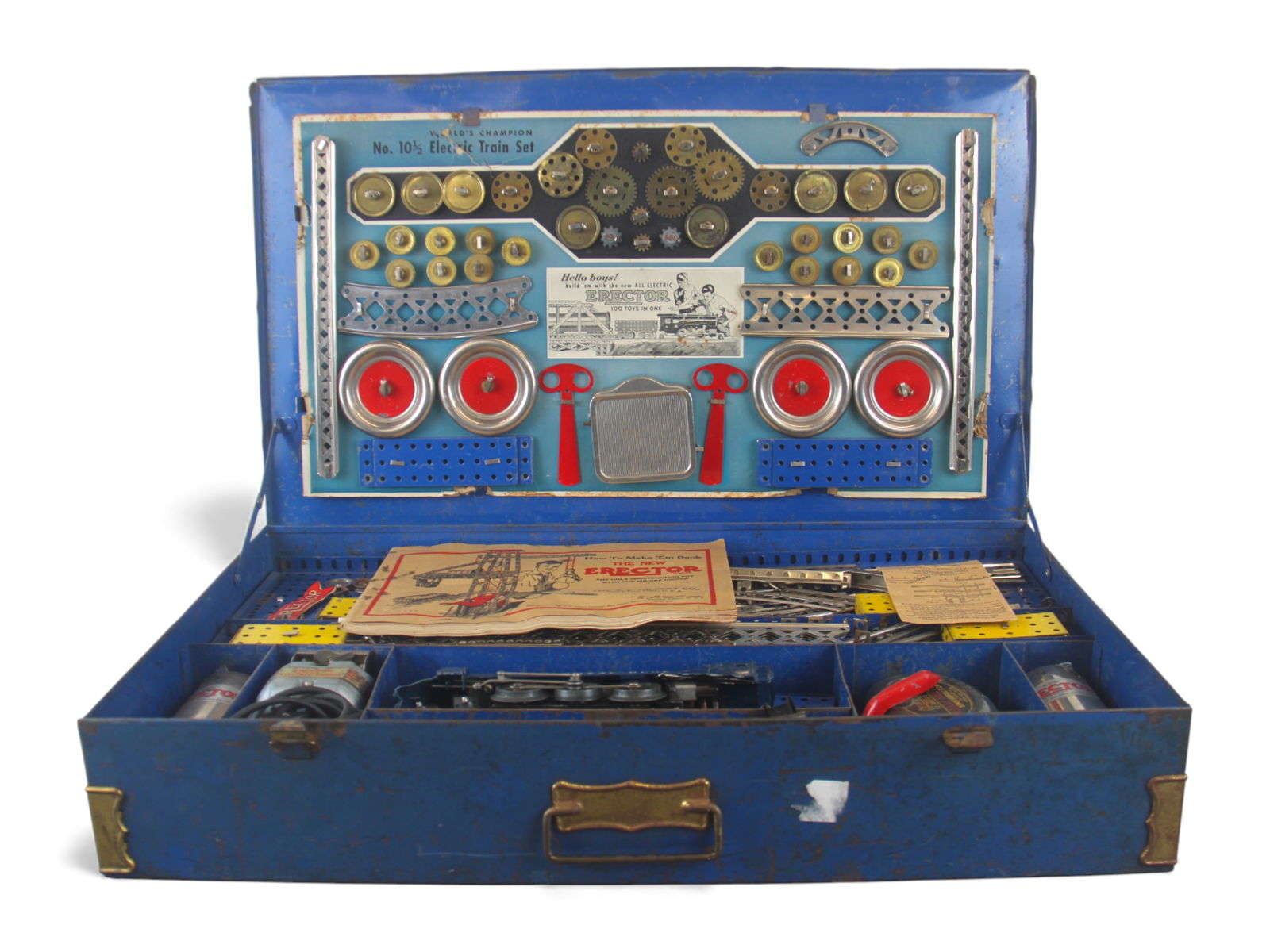 A.C. Gilbert Erector No. 10-1/2 Electric Train Set: Vintage 1941/42 A.C. Gilbert Erector No. 10-1/2 Electric Train Set presented in a large blue metal case that shows heavy exterior wear with scuffs and scratches, original "kneeling boy" decal