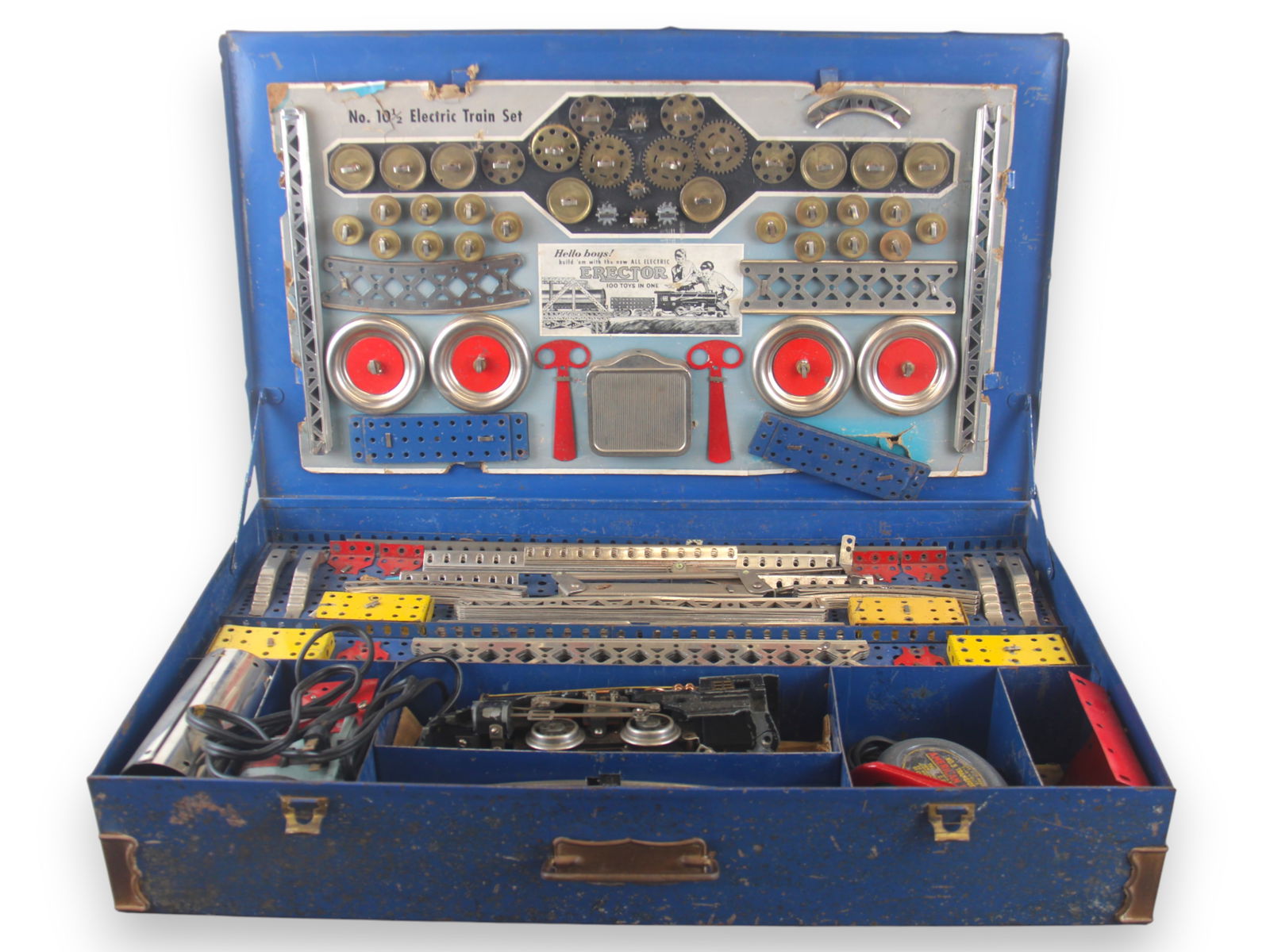 1939 Gilbert Erector 10-1/2 Electric Train Set: Vintage 1939 A.C. Gilbert Erector No. 10-1/2 Electric Train Set presented in its original blue metal case that shows heavy exterior wear with scuffs and scratches, original "kneeling boy" decal