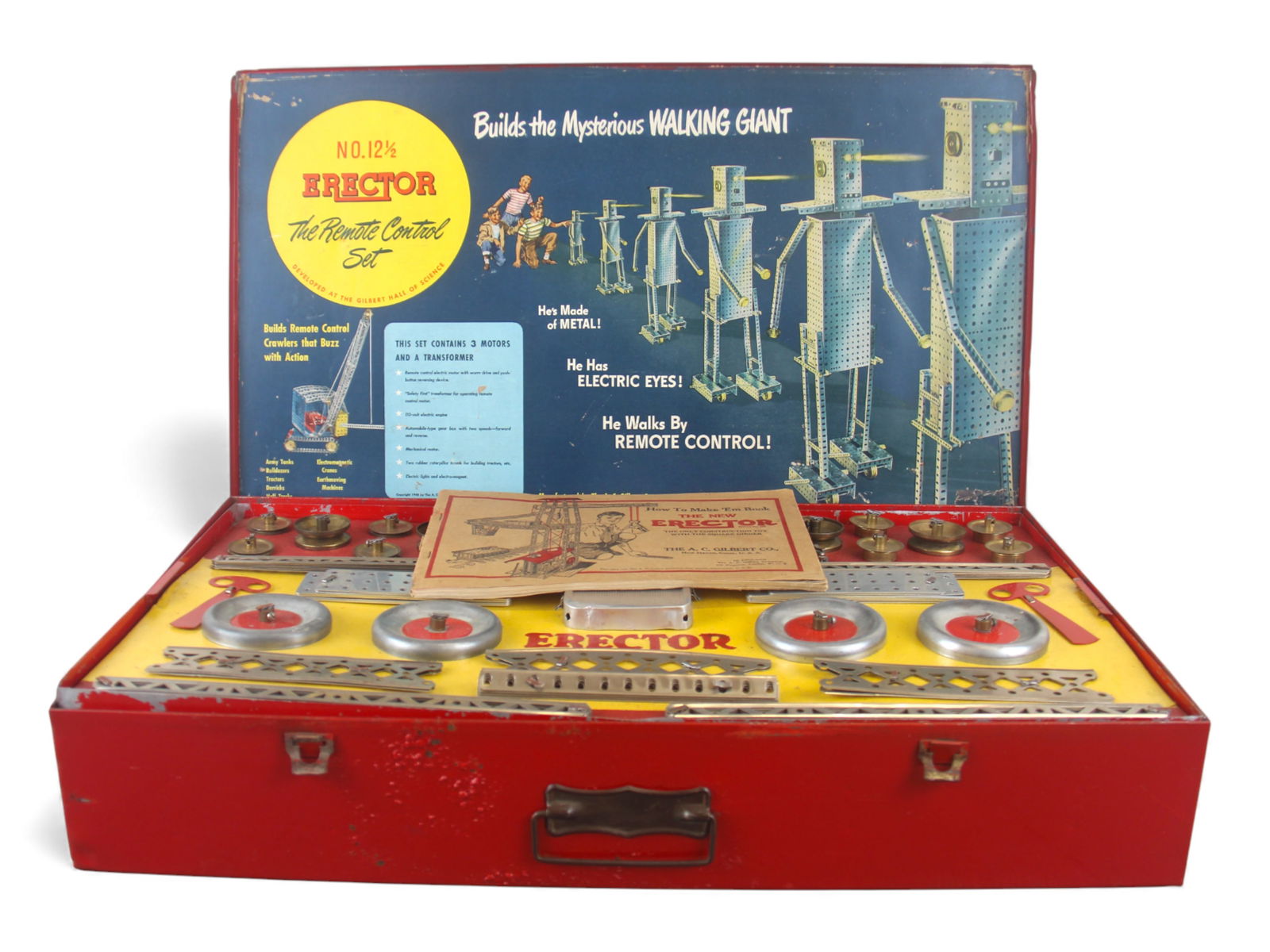 1948 Gilbert Erector No. 12-1/2 Walking Giant Set: 1948 A.C. Gilbert Erector Set No. 12-1/2, housed in a bright red metal case, which has been repainted along with reproduction "kneeling boy" decal. The colorful interior features bold graphics