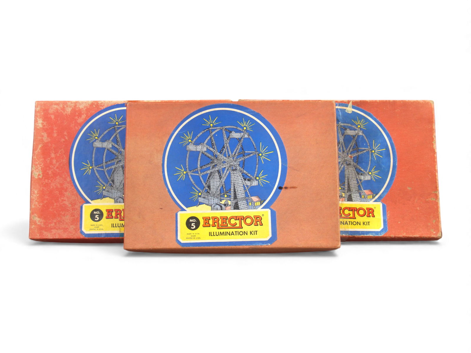 (3) Boxed Erector No. 5 Illumination Kits: Group of three vintage Erector No. 5 "Illumination Kit" boxed sets, each containing the classic revolving-light components originally designed for Ferris wheel and amusement-ride models. All three