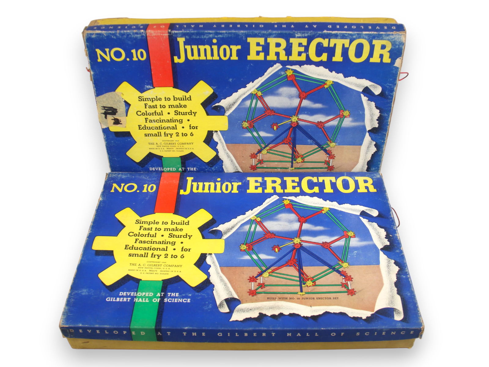(2) Boxed 1949 Gilbert Junior Erector No. 10 Sets: A pair of 1949 Gilbert Junior Erector No. 10 construction sets, each housed in its original illustrated box. Contents include an assortment of original plastic parts such as multicolored rods, gears,