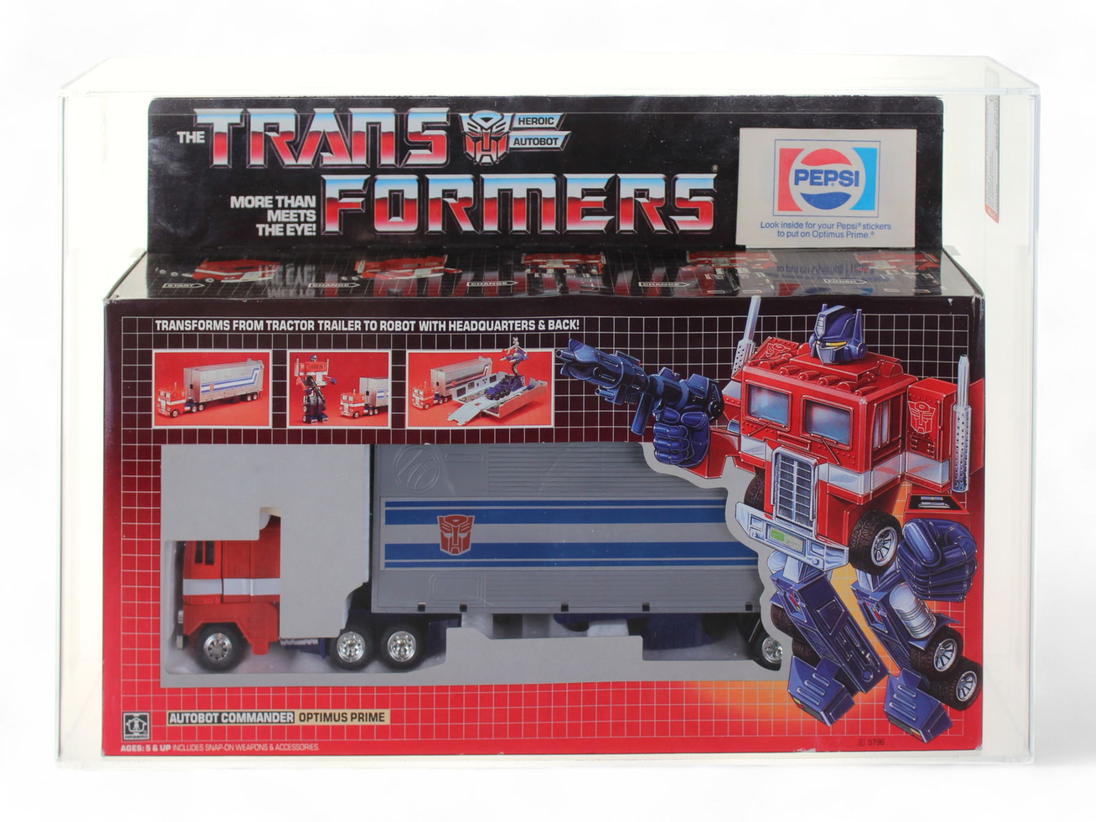 Transformers G1 Optimus Prime Pepsi Variant AFA 80: AFA graded and encapsulated original window box contains original factory-sealed display box that contains Autobot Commander Optimus Prime. Copyright 1984 Hasbro, but issued in 1985 as a limited editi