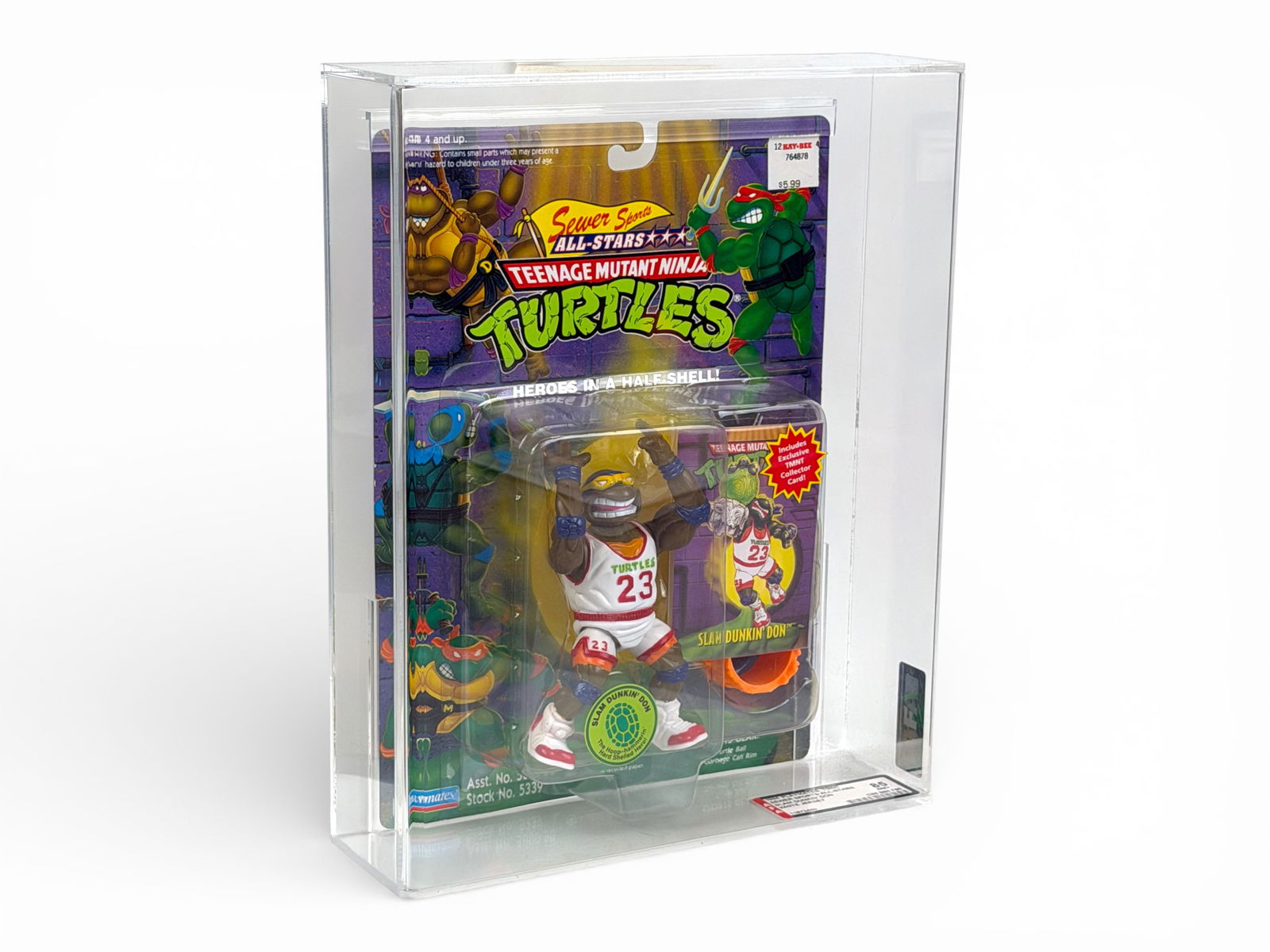 TMNT Slam Dunkin' Don White Jersey AFA 85: 1994 Playmates Teenage Mutant Ninja Turtles Sewer Sports All-Stars "Slam Dunkin' Don" rare white jersey variant modeled after basketball icon Michael Jordan's #23 Chicago Bulls uniform. Known on