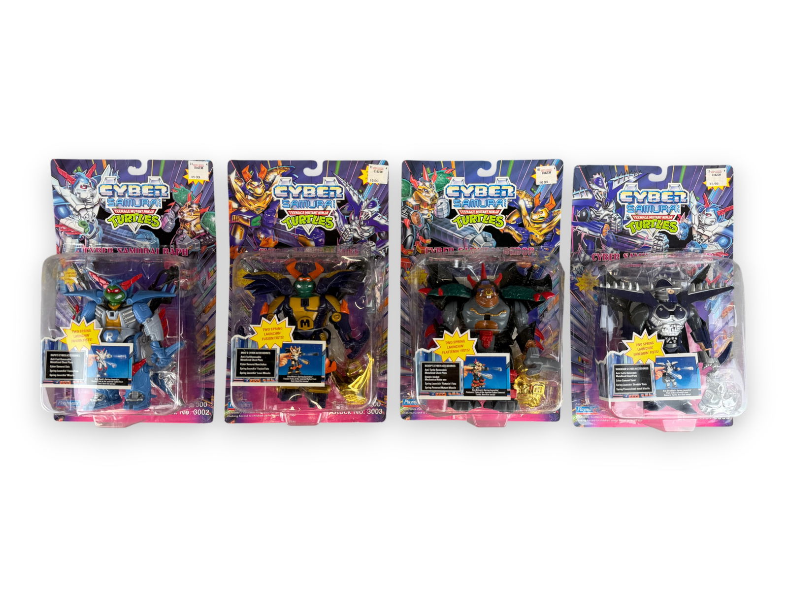 TMNT Cyber Samurai Action Figures (4) - Playmates: Set of four Teenage Mutant Ninja Turtles Cyber Samurai figures by Playmates, 1994. Includes Cyber Samurai Raphael - "The Bionic Basher!," Cyber Samurai Michelangelo - "The Computerized Crook