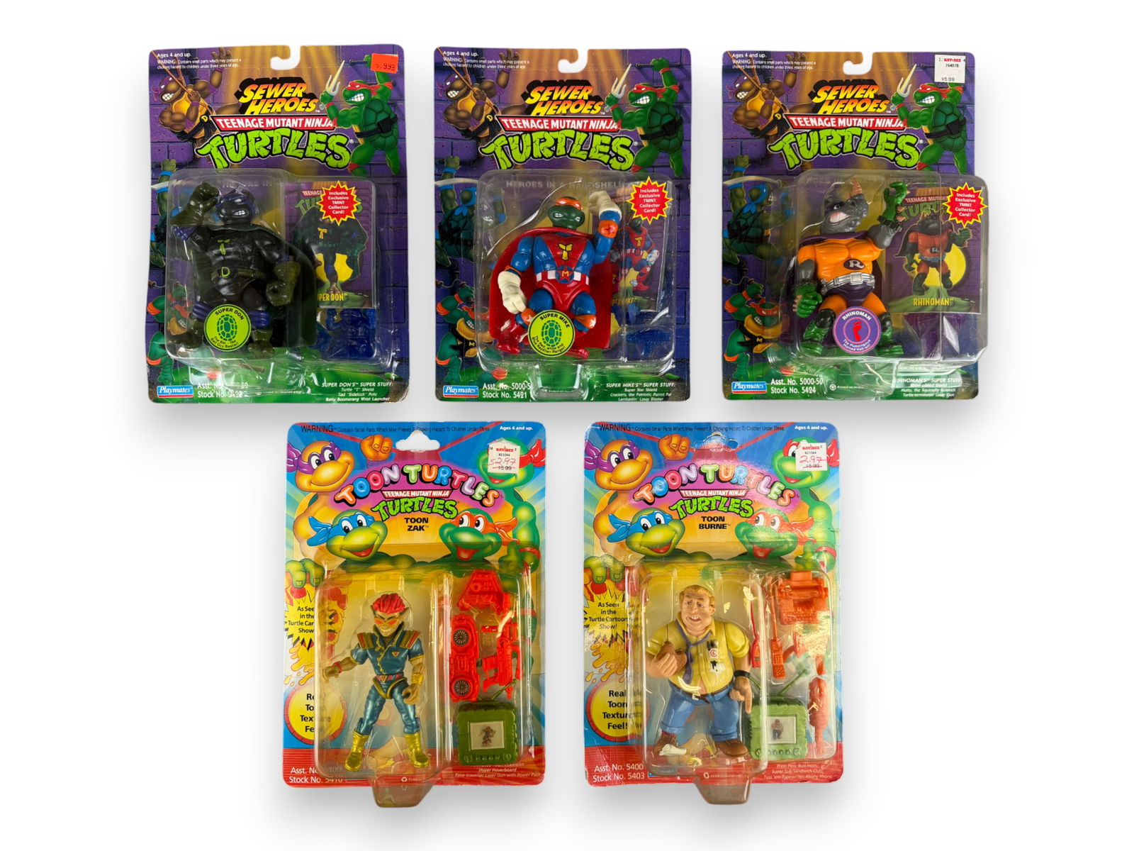 TMNT Sewer Heroes & Toon Turtles Figures (5) - Playmates: Group of five Teenage Mutant Ninja Turtles figures, all mint on card. Includes three from the Sewer Heroes line ? Super Mike - "The Red, White and Blue Reptilian Ranger!," Super Don - "The Bad Boy
