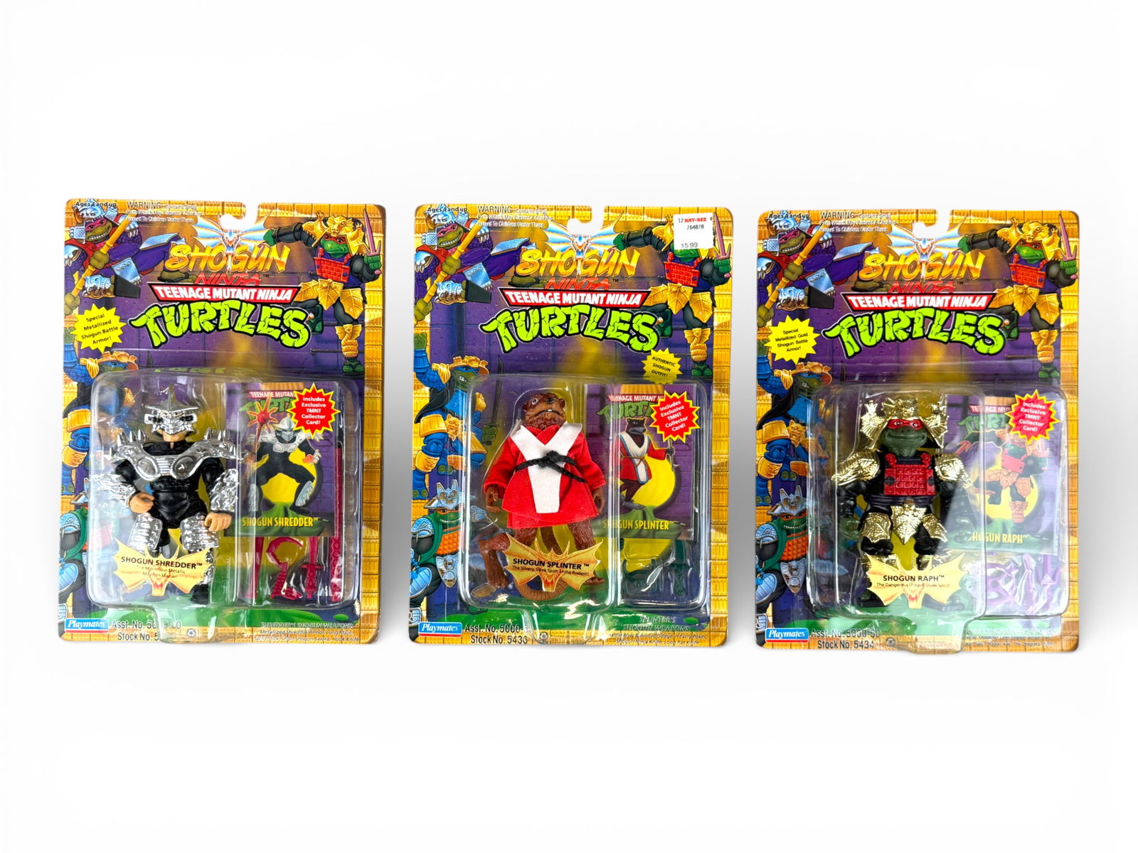 (3) TMNT Shogun Figures - Playmates 1994: Group of three Teenage Mutant Ninja Turtles Shogun Ninja figures by Playmates, 1994, including Shogun Shredder - "The Mysterious Metallic Mayhem Master!," Shogun Raph - "The Dangerous Dragon Dude