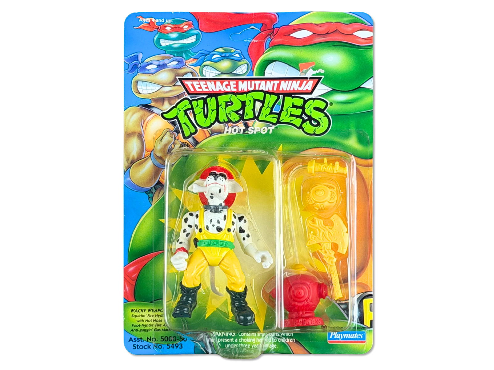 TMNT Hot Spot Figure - Playmates 1993: Teenage Mutant Ninja Turtles Hot Spot - "The Fire-fightin' Dogged Dalmatian!" by Playmates, 1993. Scarce late-series release from the classic TMNT line, complete with all accessories and bright card