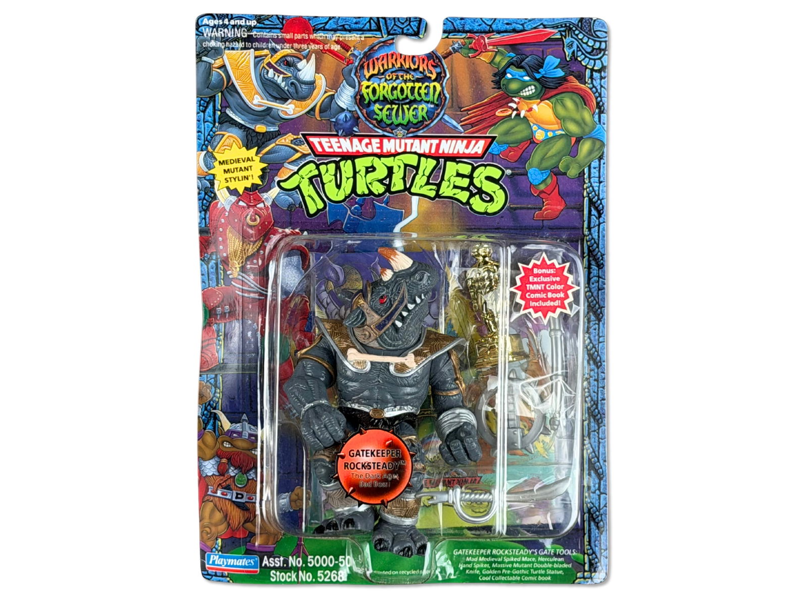 TMNT Gatekeeper Rocksteady Figure - Playmates 1994: Teenage Mutant Ninja Turtles Gatekeeper Rocksteady - "The Dark Ages Bad Boss!" by Playmates, 1994. From the Warriors of the Forgotten Sewer series, featuring medieval themed armor and accessories.
