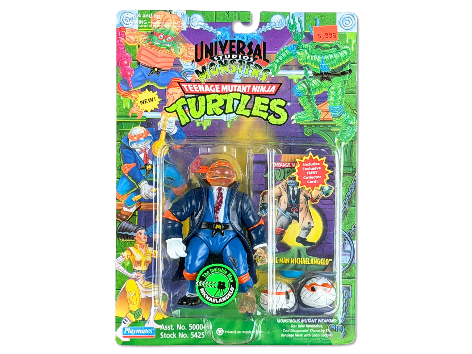 TMNT Invisible Man Michaelangelo - Playmates 1993: Teenage Mutant Ninja Turtles Invisible Man Michaelangelo - "The Disappearin' Doctor Dude!" by Playmates, 1993. From the Universal Studios Monsters crossover line, featuring Michaelangelo as the