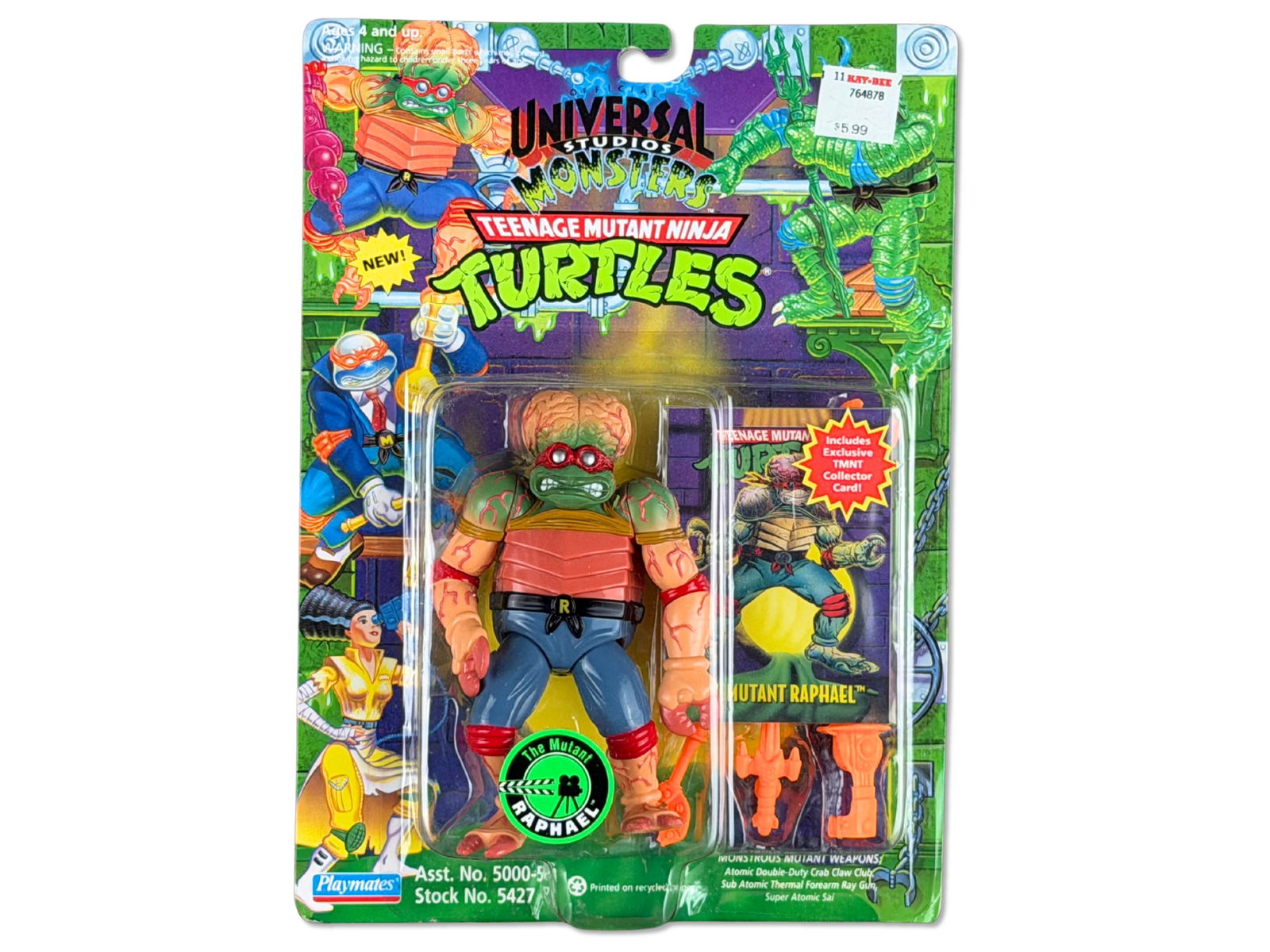 TMNT The Mutant Raphael - Playmates 1993: Teenage Mutant Ninja Turtles The Mutant Raphael - "The Two Hemisphere'd Hero Monster!" by Playmates, 1993. From the Universal Studios Monsters line, featuring Raphael styled after Frankenstein's