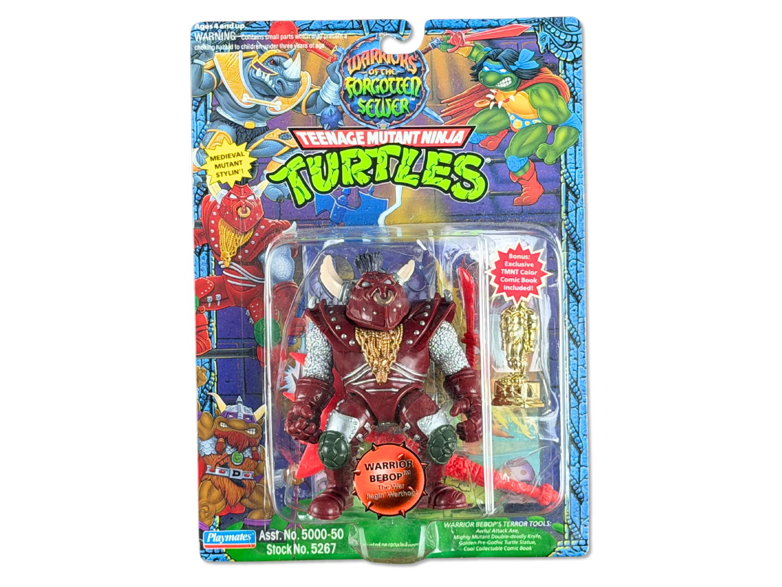 TMNT Warrior Bebop Figure - Playmates 1994: Teenage Mutant Ninja Turtles Warrior Bebop - "The War Ragin' Warthog!" by Playmates, 1994. Mint on card example from the Warriors of the Forgotten Sewer series, featuring medieval-inspired armor,