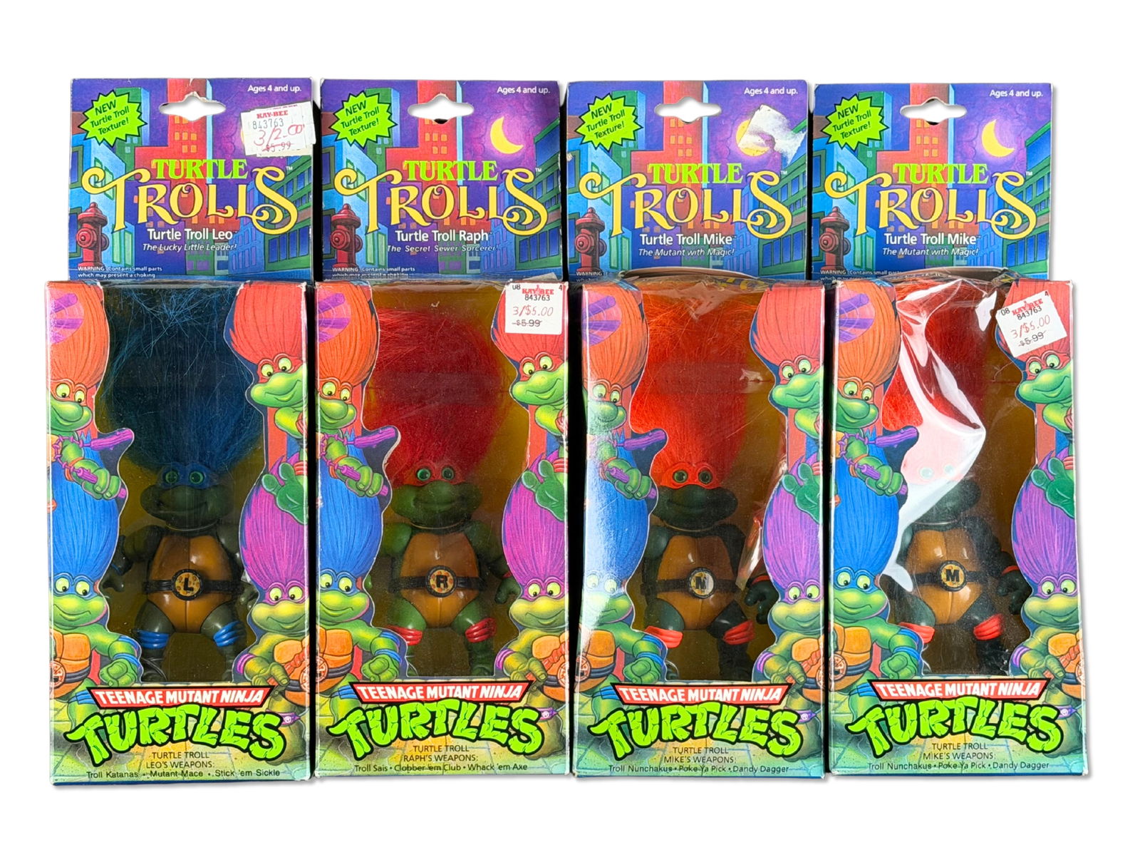 (4) TMNT Turtle Trolls - Playmates 1993: Lot of four Teenage Mutant Ninja Turtles Turtle Trolls by Playmates, 1993, all sealed in their original boxes with accessories. Includes (2) Turtle Troll Mike - "The Mutant with Magic!", one
