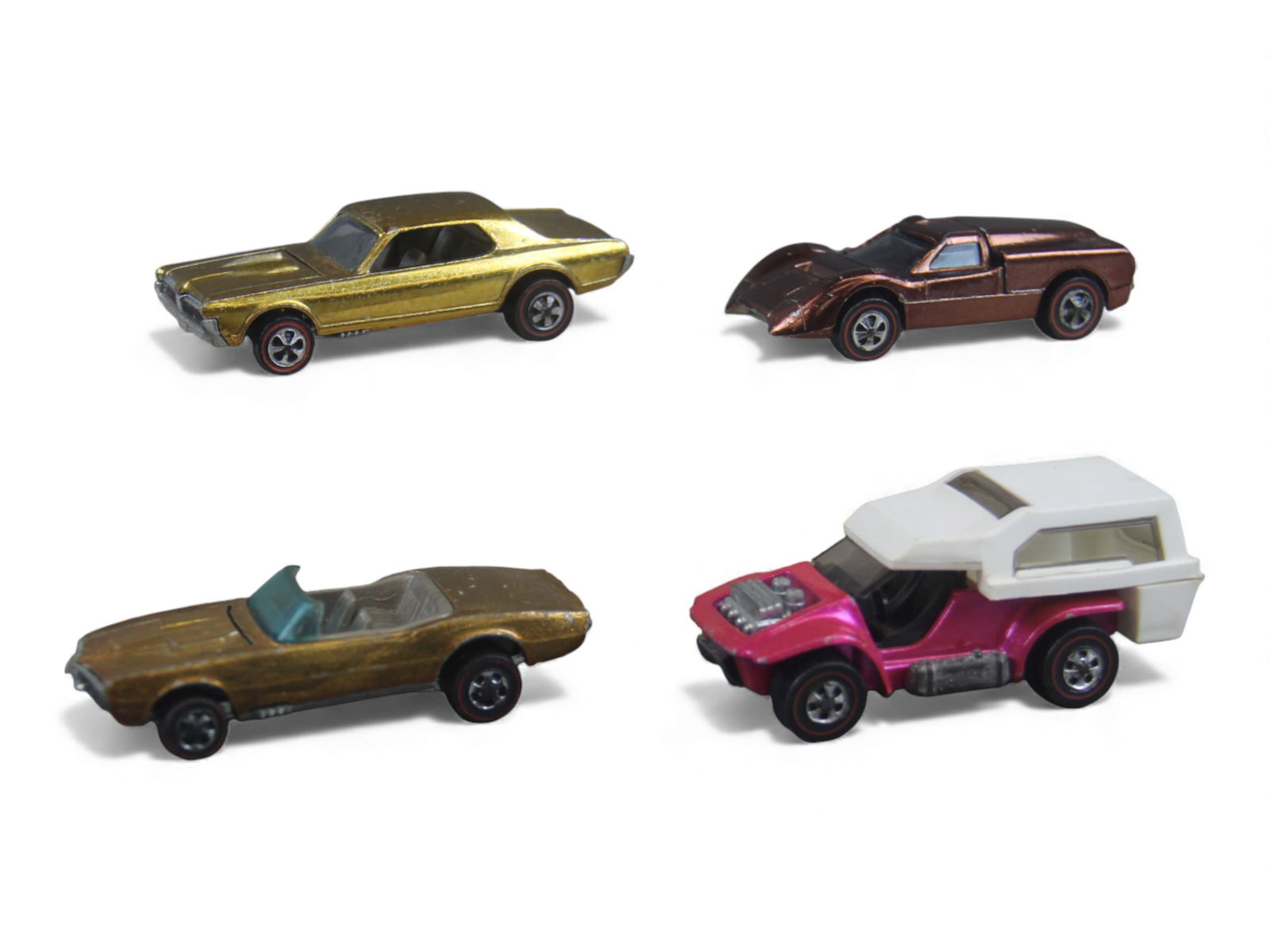 (4 ) Matte Hot Wheel Red Line Scarce Colors: Includes a 1969 Power Pad in Spectra-Flame Pink with clear windows; 1968 Ford J in Spectra-Flame brown with almost no toning for a change, hood functions; 1967 Custom Firebird in Spectra-Flame gold
