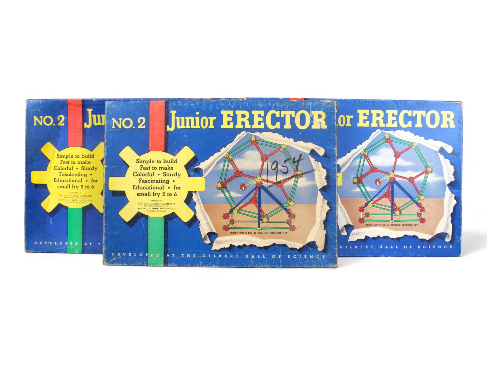 (3) 1949 Gilbert No 2 Junior Erector Sets: Group of three vintage 1949 Gilbert No. 2 Junior Erector sets, each housed in its original illustrated box. All three sets include colorful plastic rods, hubs, gears, and connectors, with each interio