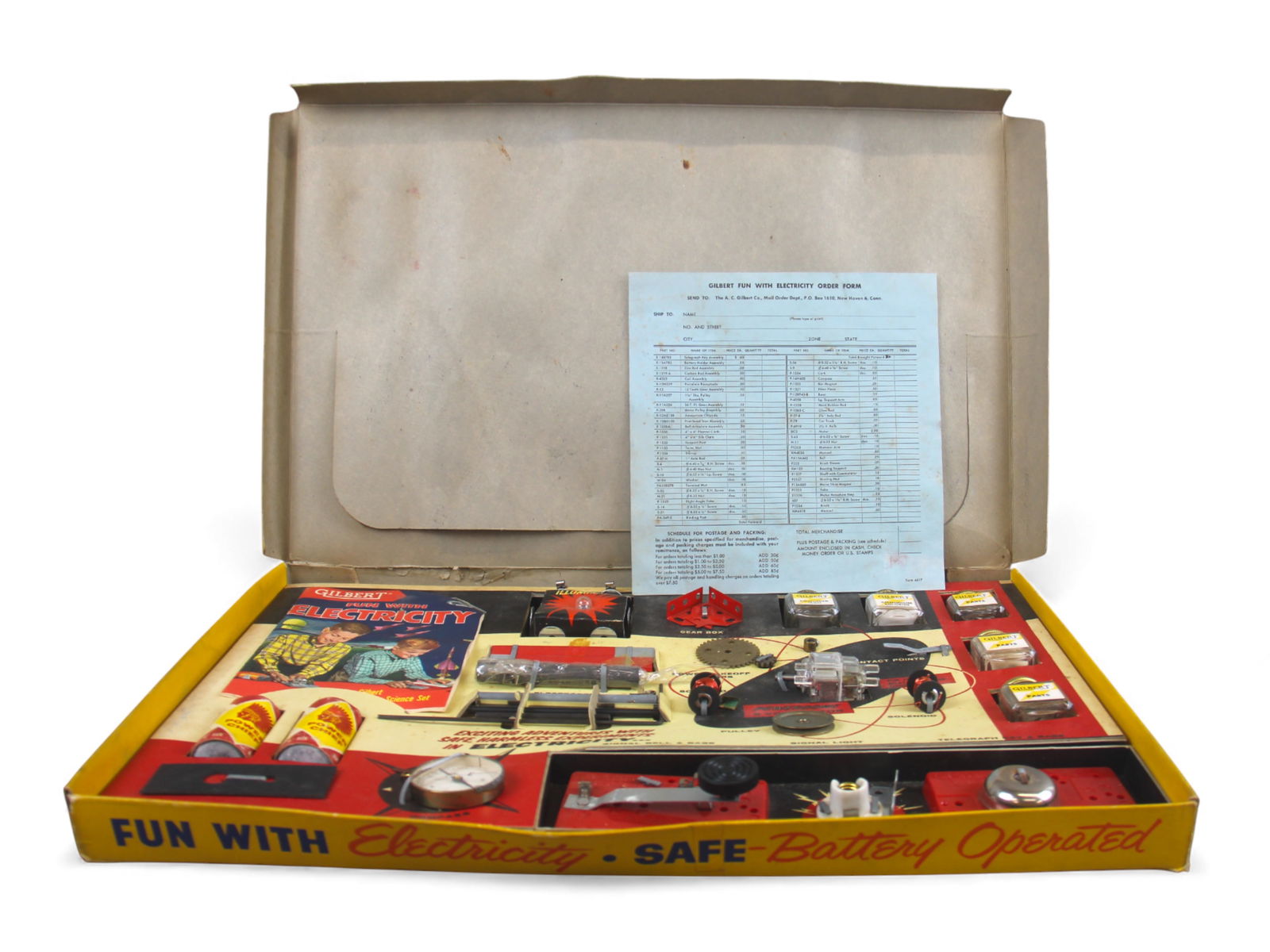 1950's Gilbert No. 11032 Fun With Electricity Set: Vintage Gilbert No. 11032 "Fun With Electricity" set in the original box which features classic mid-century graphics. The set includes dry cell batteries, compass, solenoid components, 3-volt motor, g