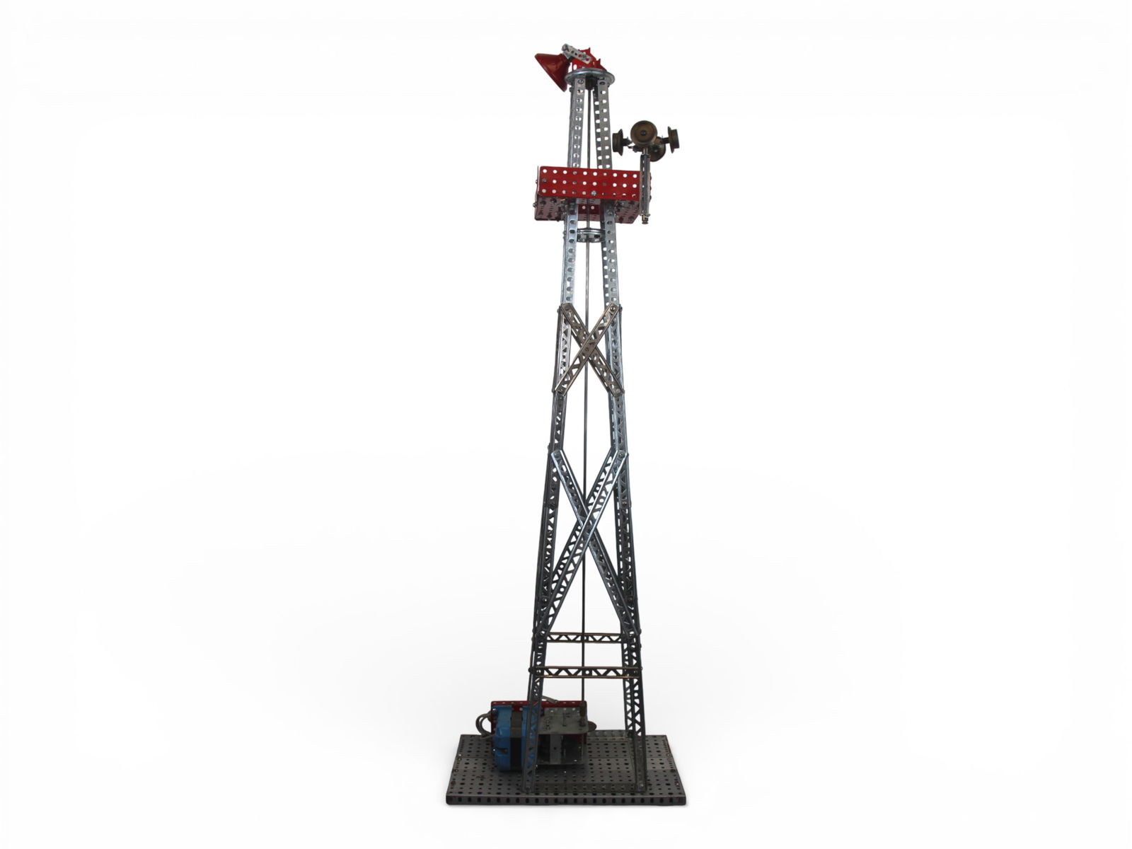 Gilbert Erector Airplane Beacon Tower Model: Impressive vintage A.C. Gilbert Erector Set "Airplane Beacon" tower model, built from components of the classic Erector Set No. 8-1/2. The model features a tall, lattice-style tower constructed with s