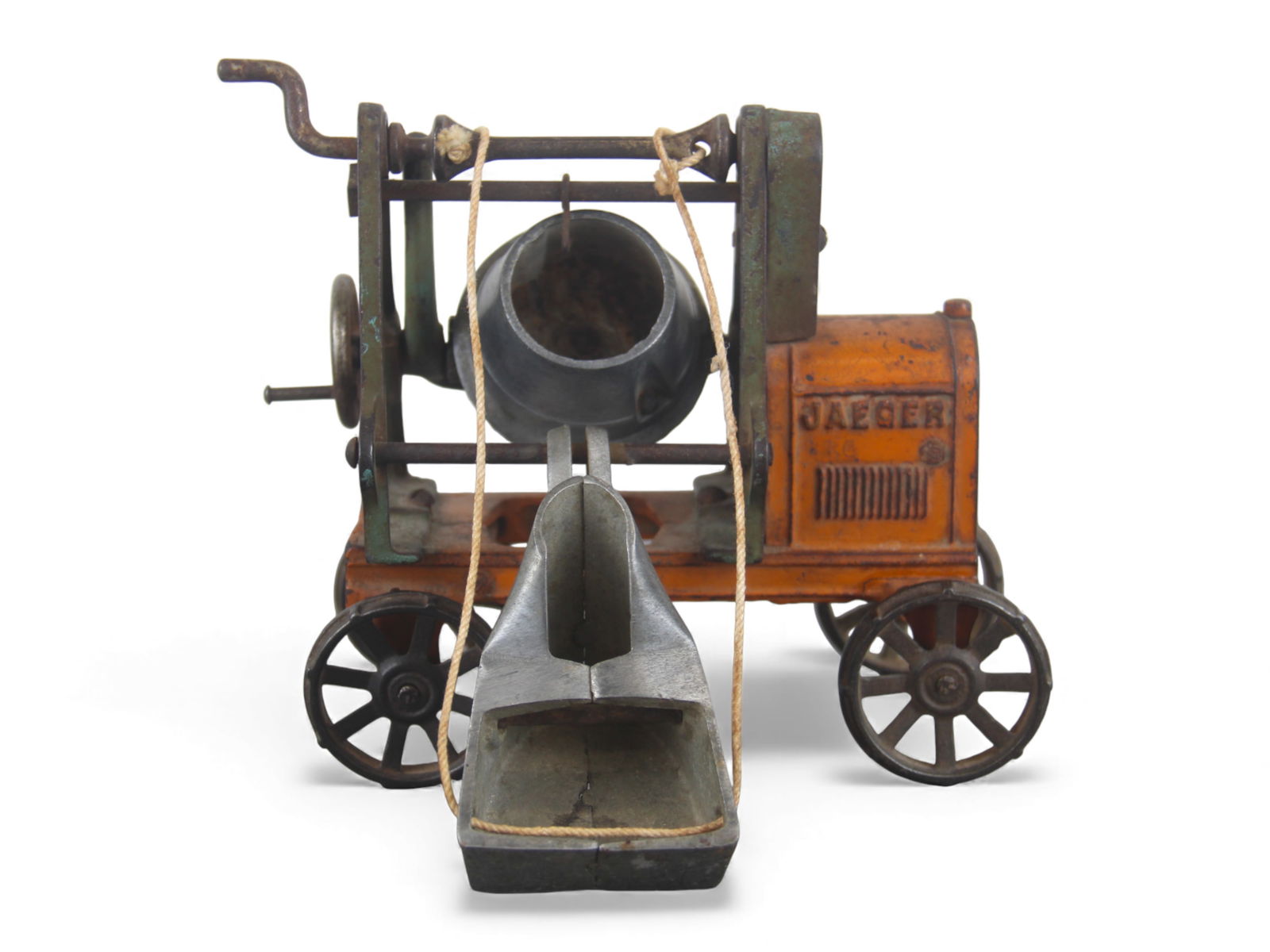 Kenton Jeager Cement Truck: Painted cast iron with nickel rear parts, 9" long. It has replaced WRT over wood hubs and retains 85% paint. A clean and polish will brighten this up nicely. Shipping: Weiss Auctions offers full-servi