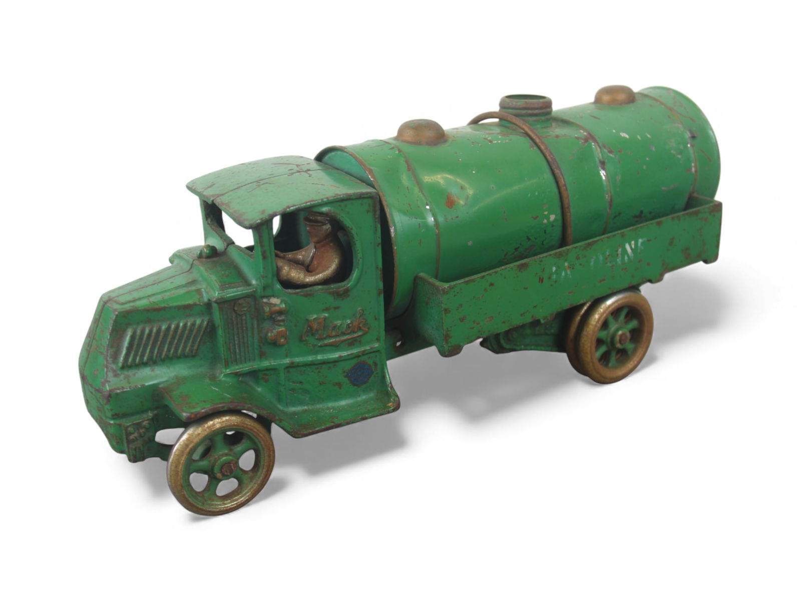 Arcade Gasoline Truck: Painted cast iron with steal tank with nickel tires, 12" long. It has nicer painted than usually seen on these at 94%, just a shallow dent in top of tank, missing the filler cap and rear spigot. Shipp