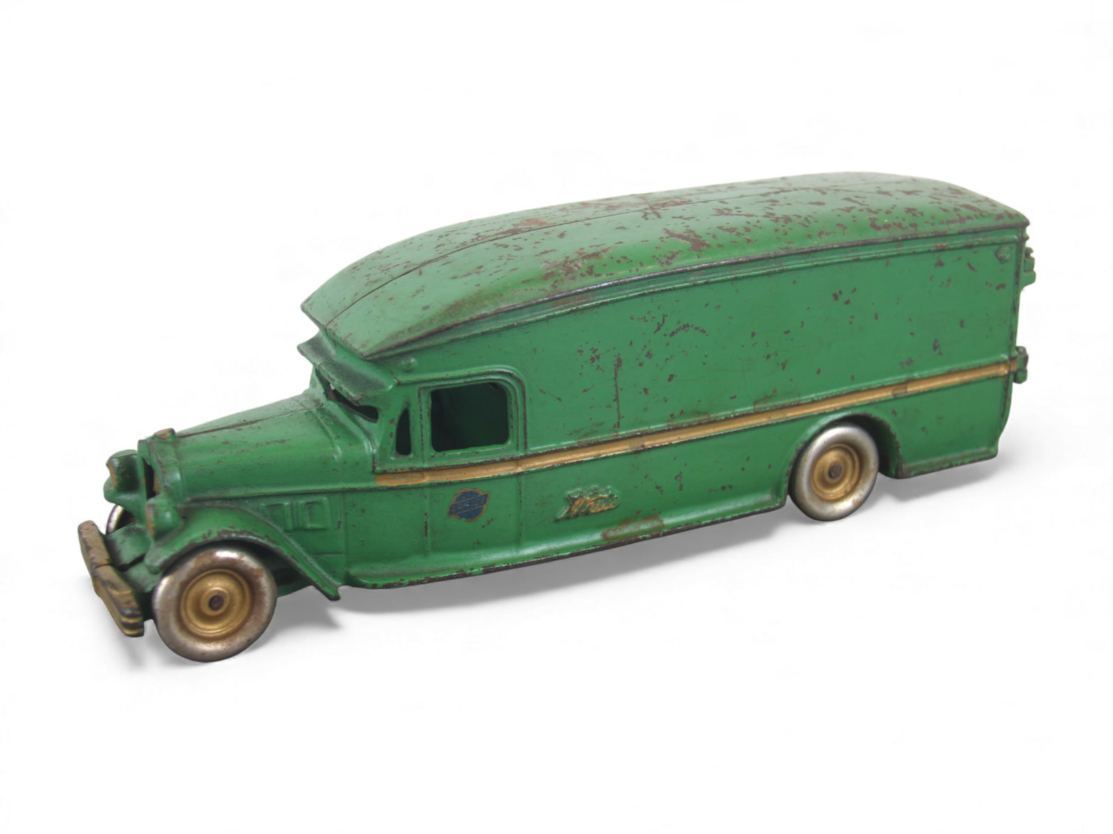 Nice Early Arcade White Moving Truck: Painted cast iron with nickel wheels, 13" long. It retains its original rear doors with latch. The side decal is intact and it retains 86% paint. Nice example! Shipping: Weiss Auctions offers full-ser