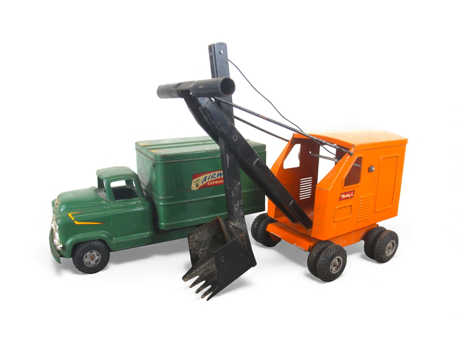 (2) Buddy L Trucks: Includes a 1958 steam shovel, showing light play wear; 1959 GMC Airway Express truck, 1 broken headlight on grill, otherwise shows moderate play wear with added decals. Shipping: Weiss Auctions offers