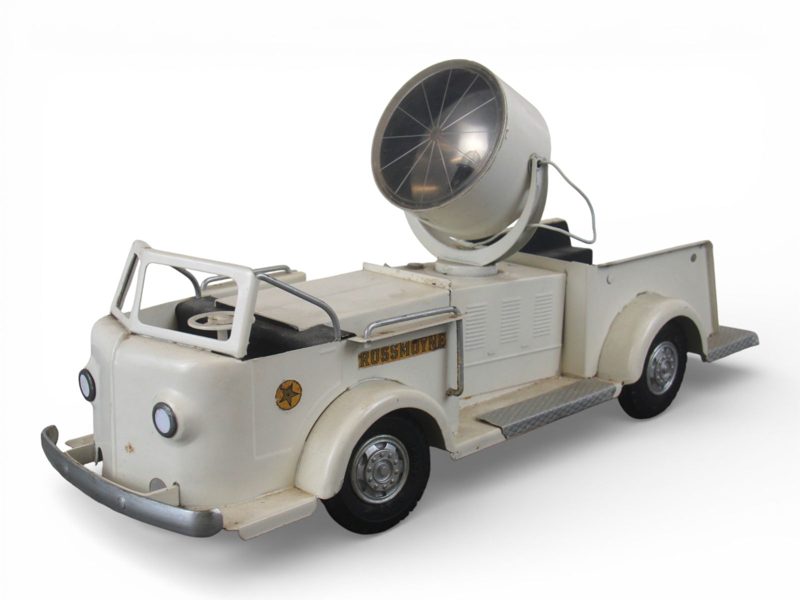 Scarce Doepke Fire Searchlight Truck: 1950 Airens' style open cab with functional steering. It is equipped with battery op searchlight. Some restoration/repaint inside battery box and on floor, but not offensive In our opinion. Otherwise
