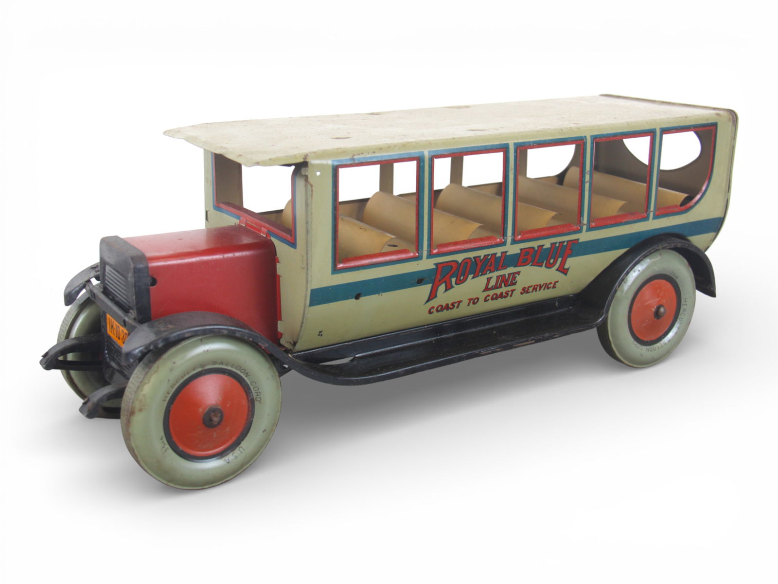Nice Chein Hercules Royal Line Bus: 1928. Litho tin with metal tires, 18" long. It has nice color and would benefit from a clean and polish. It shows light to moderate play wear. Shipping: Weiss Auctions offers full-service, in-house