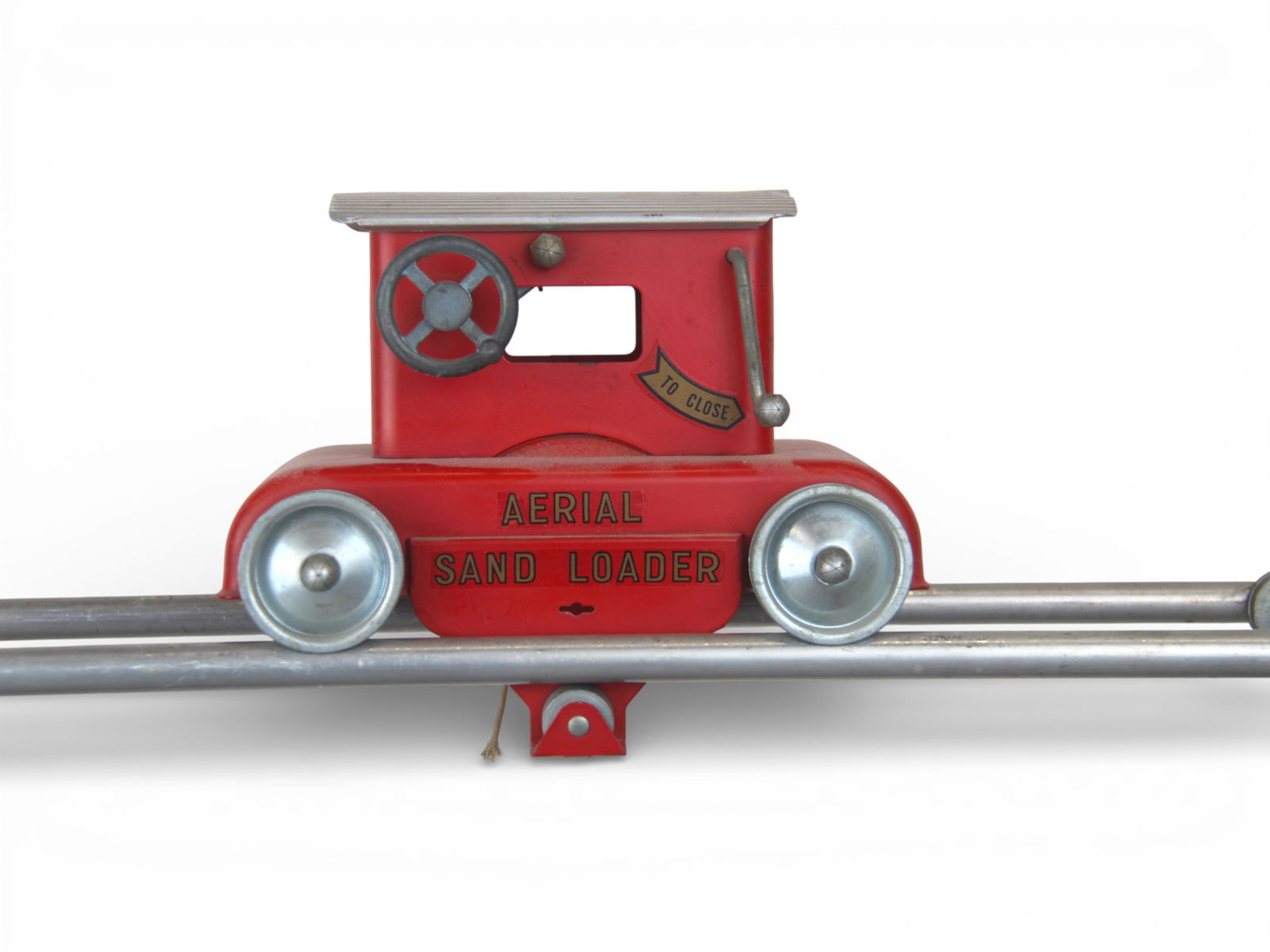 1960 Tonka Aerial Sand Loader with Truck: Later version, 25" long with red painted tray's dump flap. It is missing its chains, 3 plastic feet, clam shell and 1 side cross bar. The trucks is intact with nice decals, windshield, they would