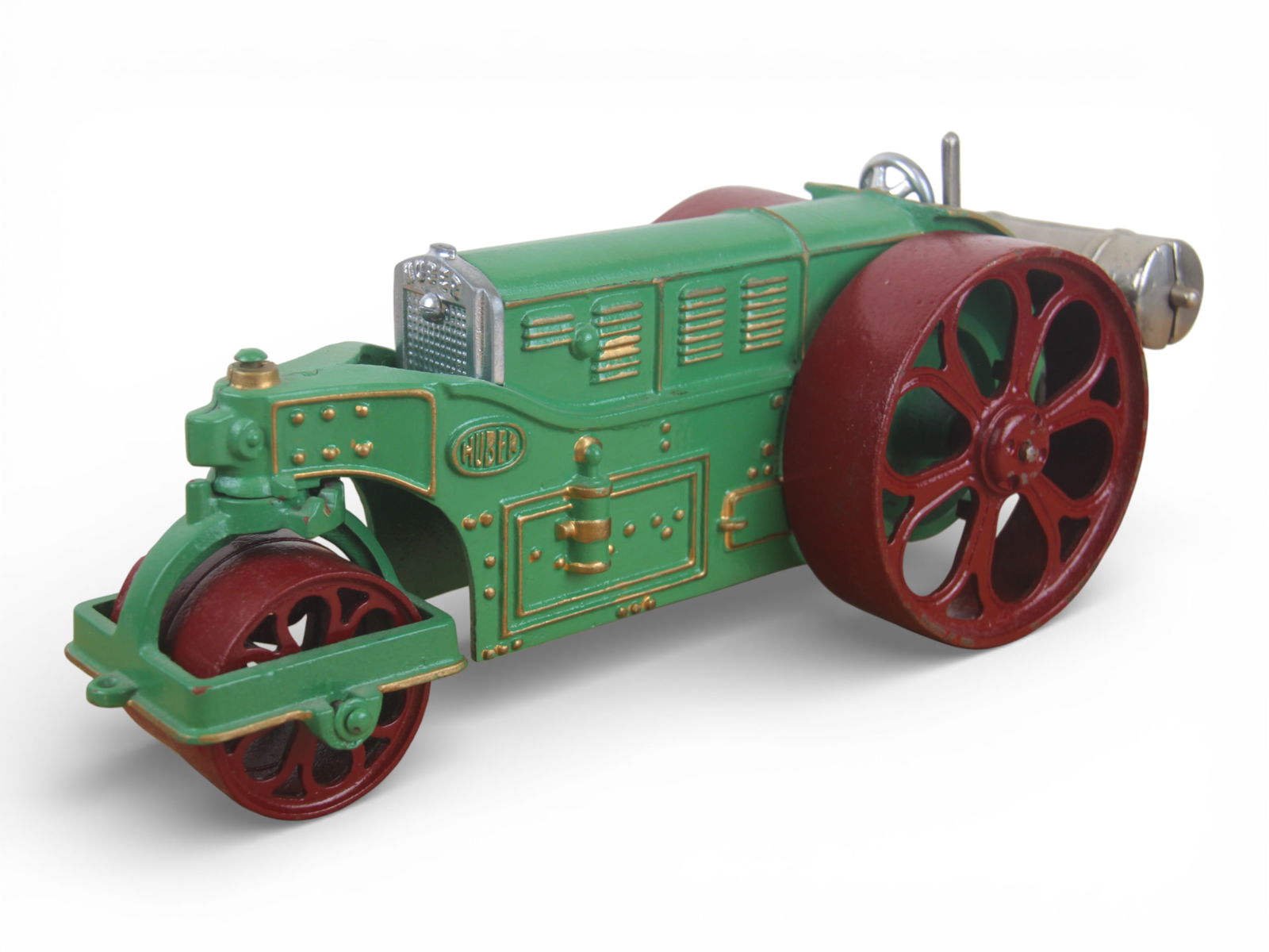 Nicely Restored Large Hubley Huber Roller: Painted cast iron, 15" long, horizontal tank version, missing small back wheels and driver, The rear axel pean is too small, so wheels can come loose. Restored to appear like new.From the Gary