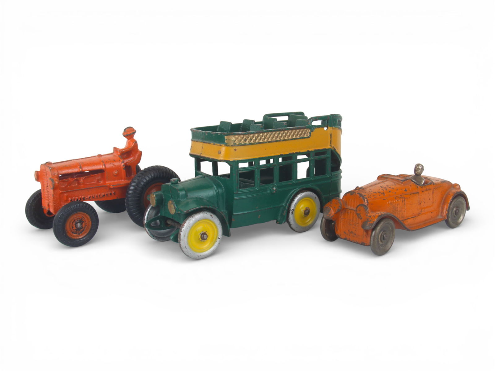 (3) Cast Iron Toys including Bus, Tractor, Sedan (1 of 2)