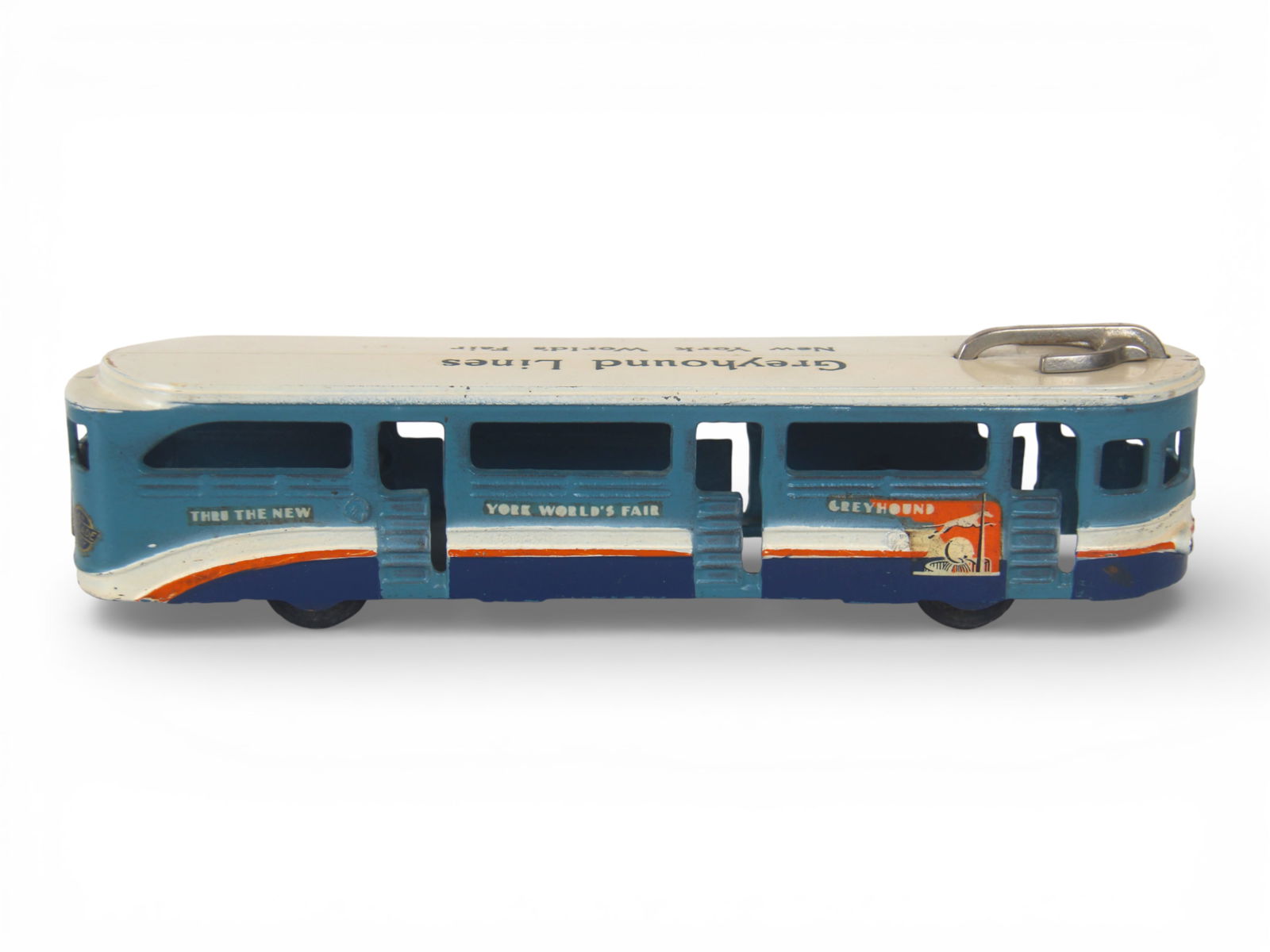 LN Large Arcade Worlds Fair Tram: Almost as good as it gets! Decals are 99%, Nickel is bright and wheels show no play wear. WOW!From the Gary Slutzky Collection of Pressed Steel, Tin, and Cast Iron Vehicles. Shipping: Weiss Auctions