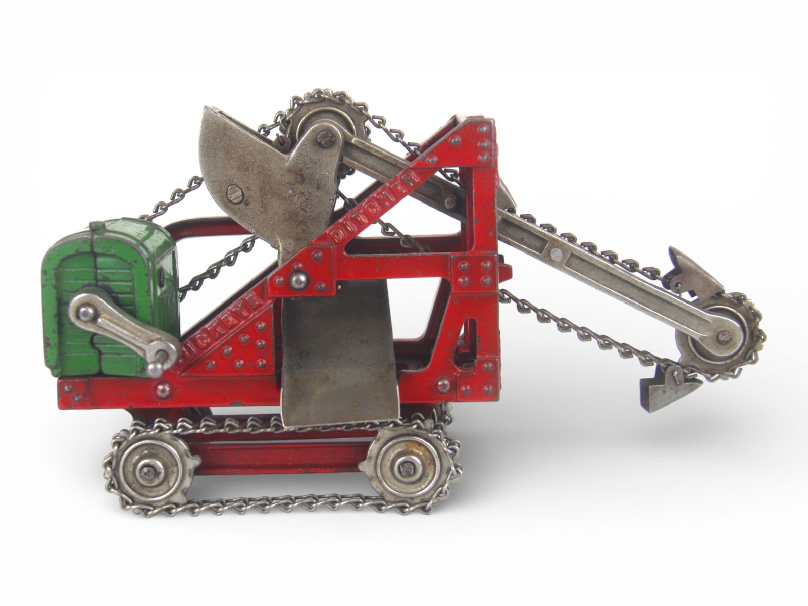 Nice Arcade Cast Iron Ditcher: Painted and nickel plated cast iron, 9" long. Mechanism functions, crawler assembly rolls smoothly. It shows light to moderate play wear. Nice!From the Gary Slutzky Collection of Pressed Steel, Tin,