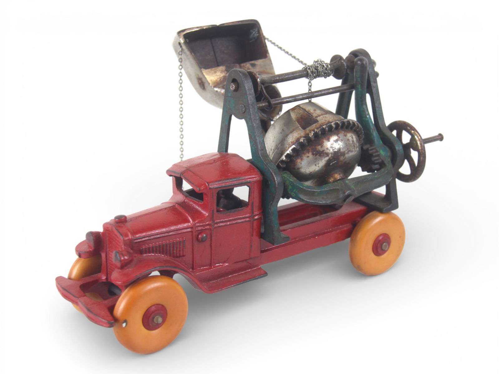 Small Kenton Mobile Cement Mixer: Painted cast iron with nickel parts, replaced WRT over wood hubs. It is our opinion that the red has been nicely redone. The mixer part shows moderate play wear, one chain apart.From the Gary Slutzky