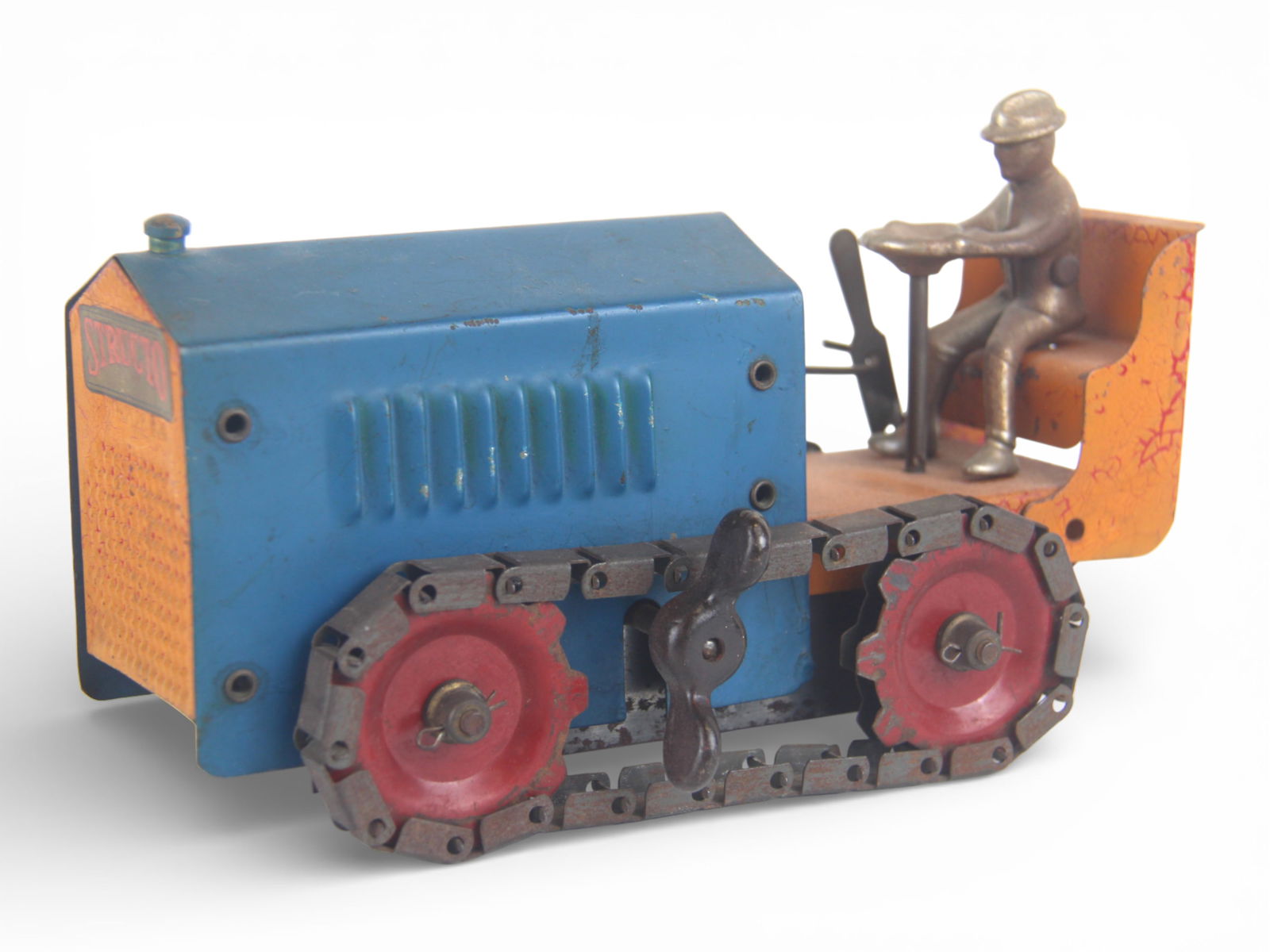 Nice 1920s Structo Tractor: Painted pressed steel with nickel plated cast iron driver. It has a functional mechanism with integral key, ran smoothly when tested. It has a nice decal and shows light play wear. Approx. 8-1/2"