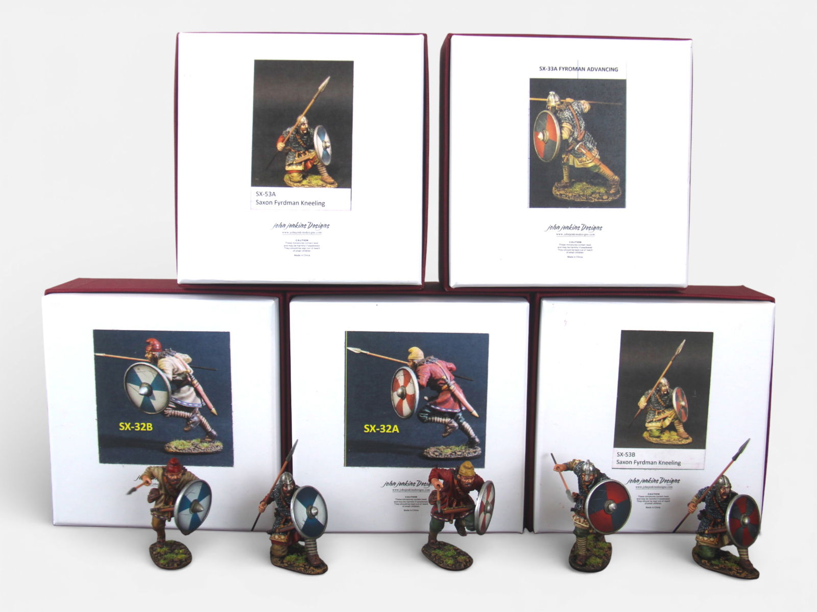 John Jenkins Designs Age of Arthur 5 Boxed Sets: 5 boxed sets (10 figures) of John Jenkins Designs Age of Arthur Anglo Saxons/Danes including SX-53A, SX-53B, SX-32A, SX-32B, and SX-33A. Shipping: Weiss Auctions offers full-service, in-house