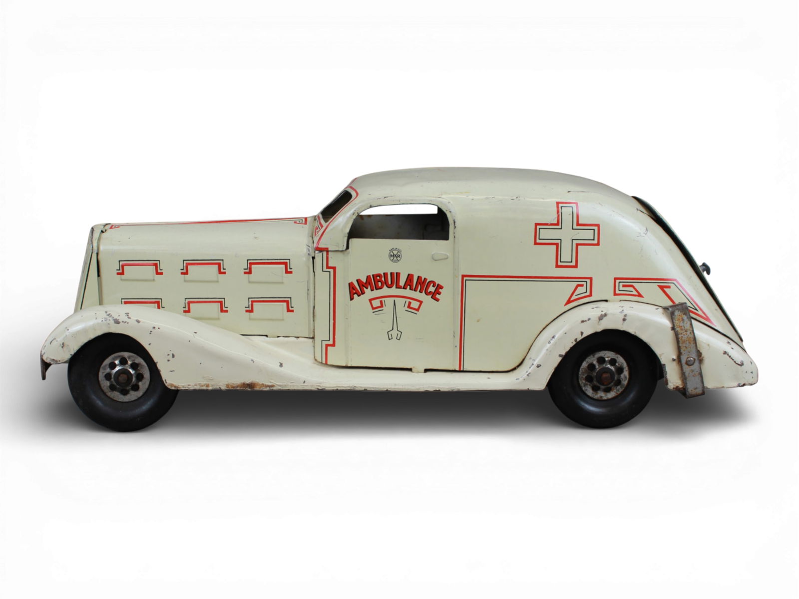 Clean Marx Ambulance: Bright, clean & shiny lithographed pressed tin with functional; mechanism with forward motion and siren. It has an opening rear door and integral key. It shows light play wear. Nice example!From the
