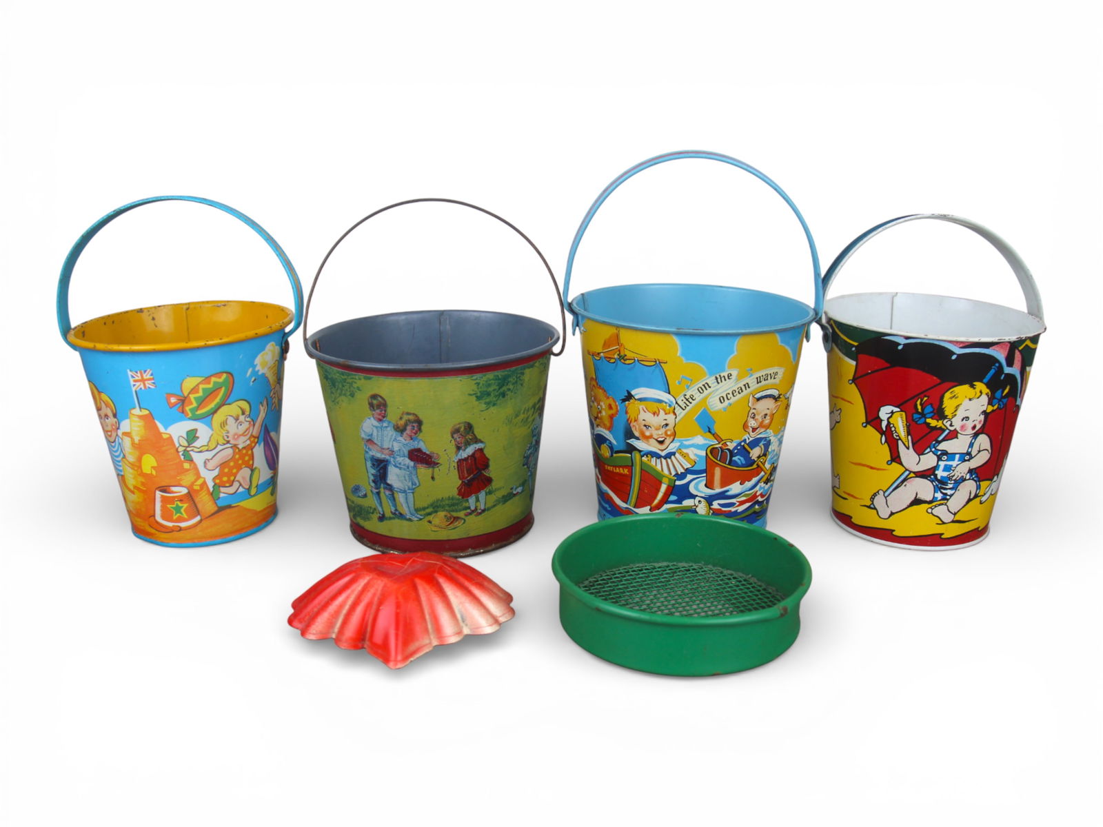 (4) Tin Litho Children's Sand Pails: Includes Chad Valley, (2) Ohio Art, and another unmarked piece. Each depicts colorful playful graphics throughout. Tallest piece approx. 4-1/8" tall. Each shows surface wear with scuffs and