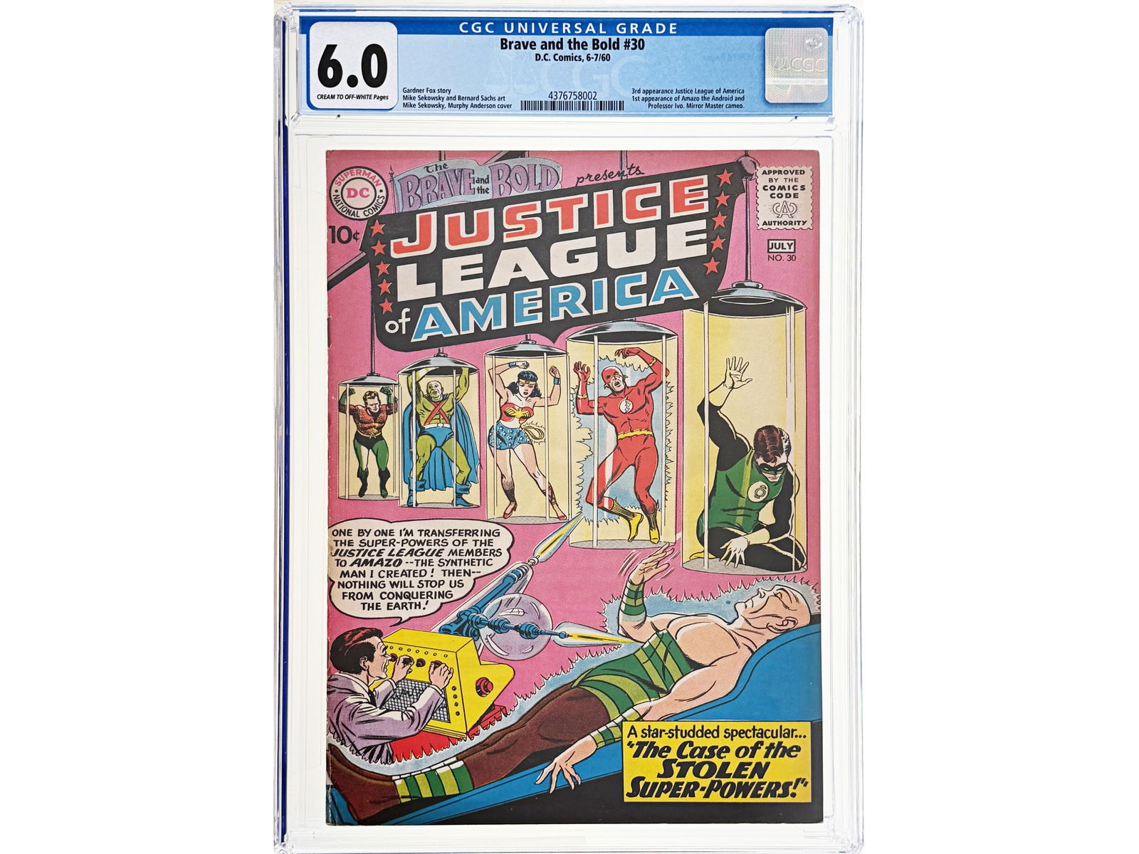 D.C. Brave and the Bold #30 (1960) CGC 6.0: June-July 1960 key issue featuring the third appearance of the Justice League of America and the first appearance of Amazo the Android and Professor Ivo, with a Mirror Master cameo. Gardner Fox story