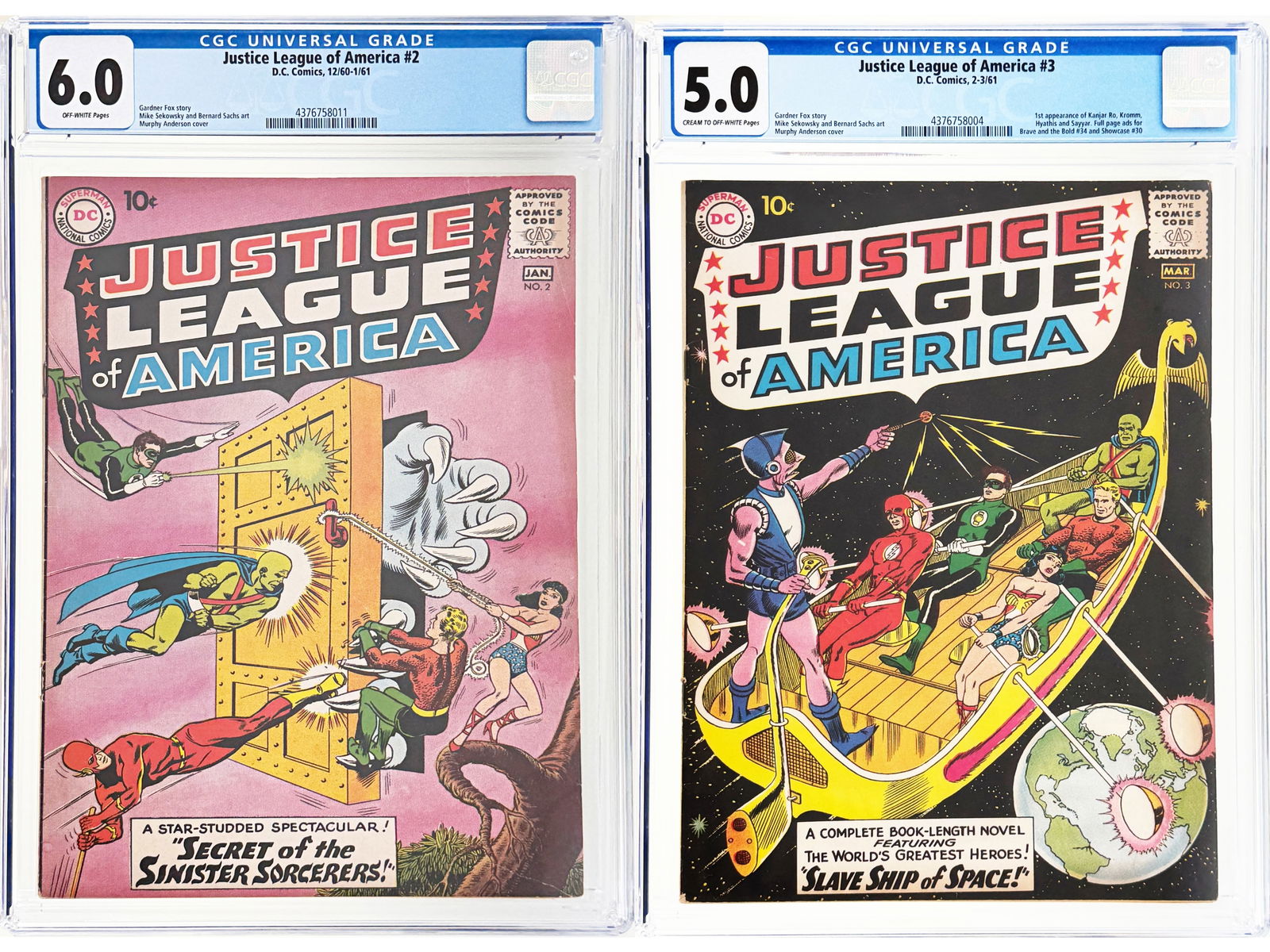 (2) D.C. Justice League of America Issues 2-3 CGC: Justice League of America 2 (Dec 1960-Jan 1961) CGC 6.0 (CGC #4376758011), the second issue of the self-titled series, featuring a Gardner Fox story with art by Mike Sekowsky and Bernard Sachs and a