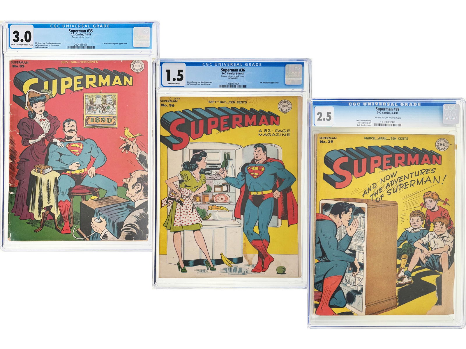 (3) D.C. Superman Issues 35, 36 & 39 - CGC: Superman 35 (Jul-Aug 1945) CGC 3.0 (CGC #2004435025) with tape on the interior cover, featuring a J. Wilbur Wolfingham appearance; stories by Bill Finger and Don Cameron, art by Ira Yarbrough and Ed