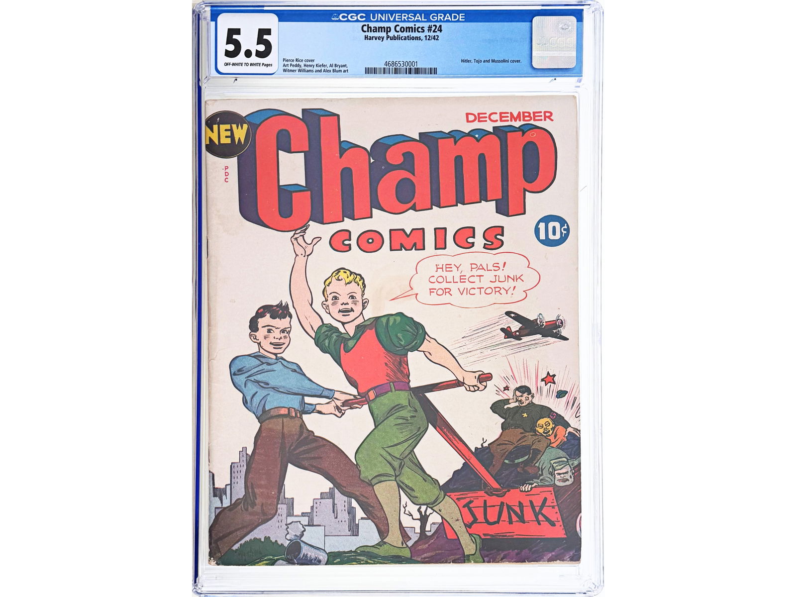 Champ Comics #24 CGC 5.5: Champ Comics #24 (December 1942), Harvey Publications. Pierce Rice cover featuring Hitler, Tojo, and Mussolini, with interior artwork by Art Peddy, Henry Kiefer, Al Bryant, Witmer Williams, and Alex