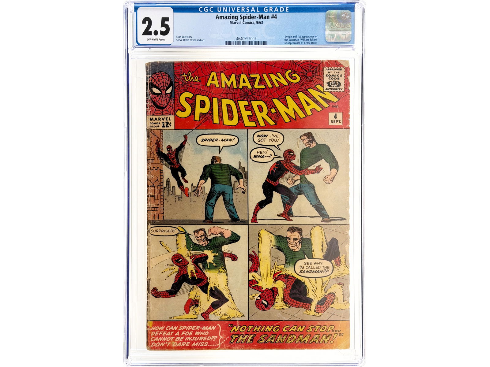Marvel Amazing Spider-Man #4 (1963) CGC 2.5: Sep 1963 key issue featuring the origin and first appearance of the Sandman William Baker and the first appearance of Betty Brant. Stan Lee story with Steve Ditko cover and art.CGC