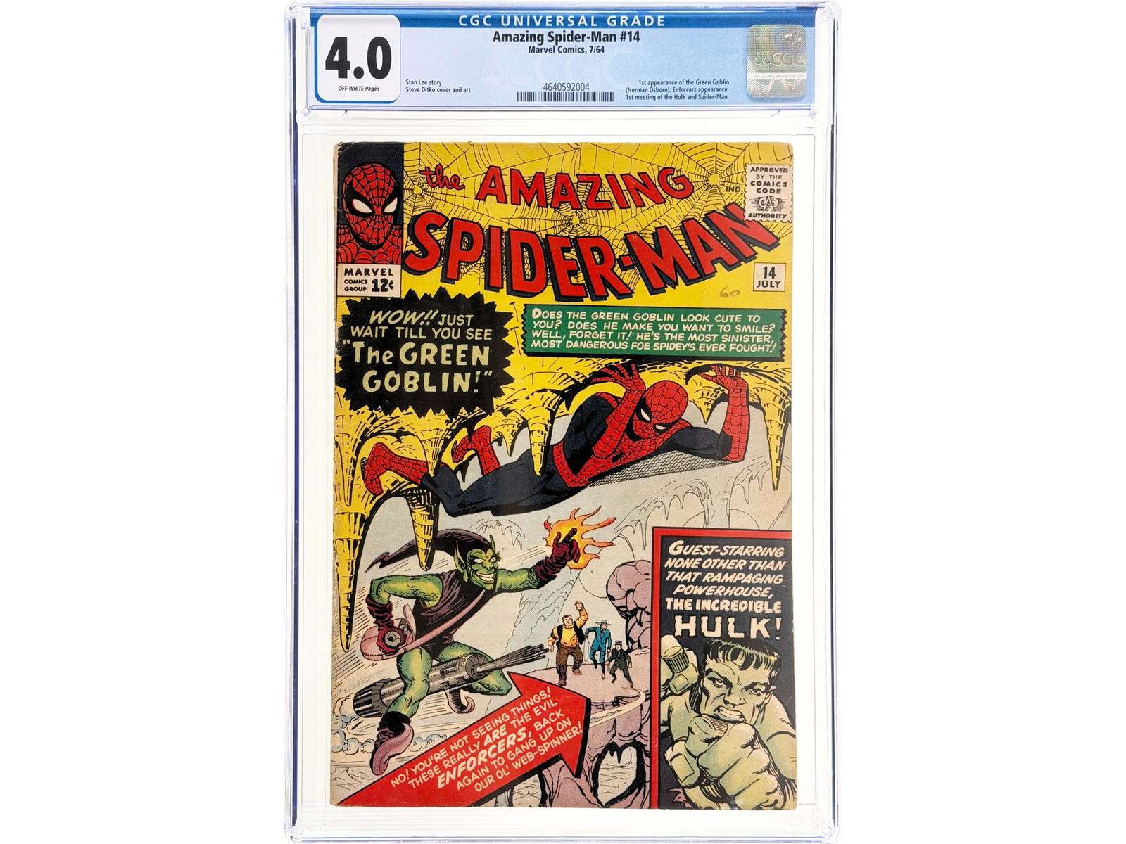 Marvel Amazing Spider-Man #14 (1964) CGC 4.0: Jul 1964 key issue featuring the first appearance of the Green Goblin Norman Osborn, an appearance by the Enforcers and the first meeting of the Hulk and Spider-Man. Stan Lee story with Steve Ditko
