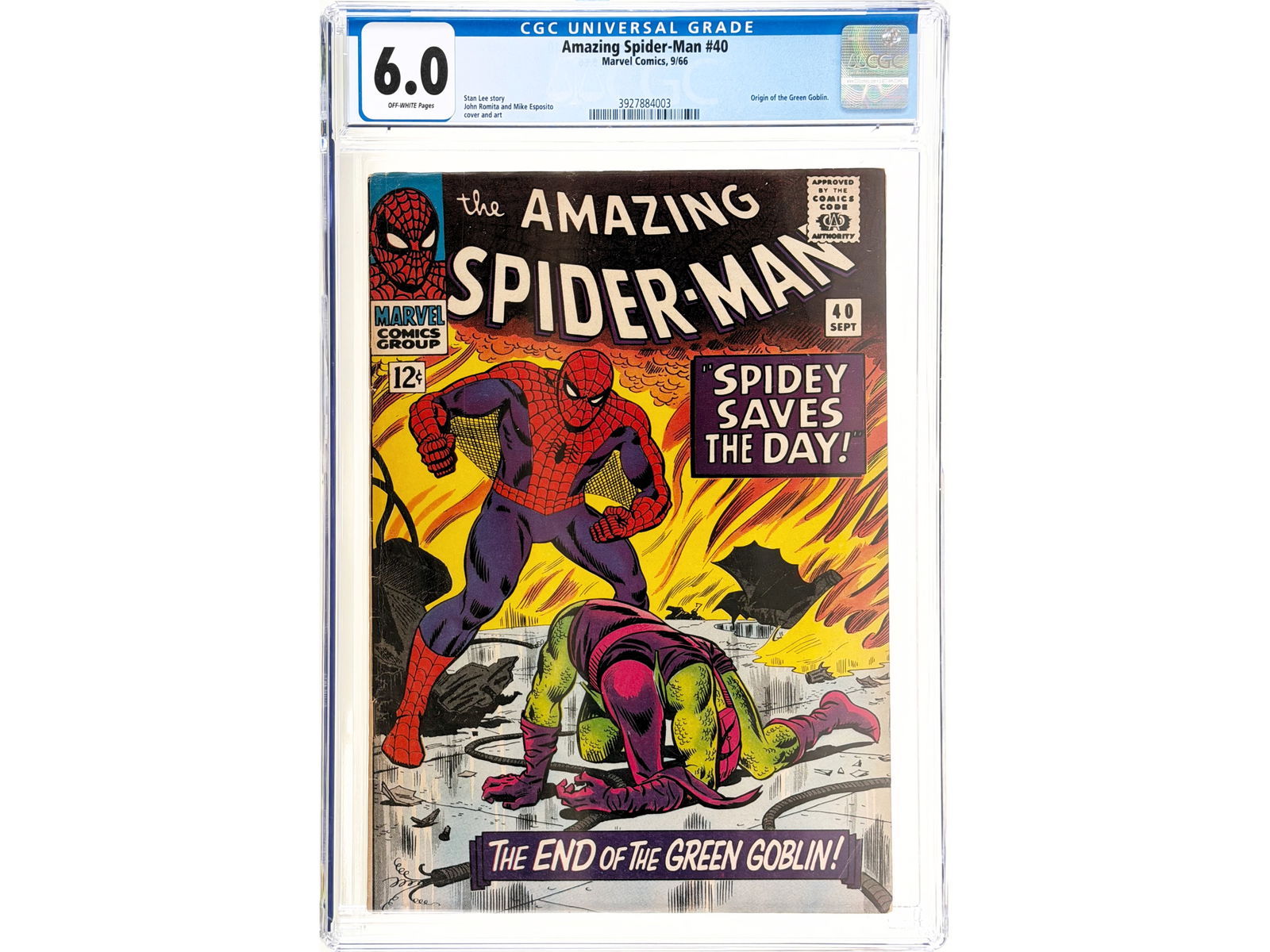 Marvel Amazing Spider-Man #40 (1966) CGC 6.0: Sep 1966 issue featuring the origin of the Green Goblin. Stan Lee story with John Romita and Mike Esposito cover and art.CGC #3927884003Shipping: Weiss Auctions offers full-service, in-house shipping