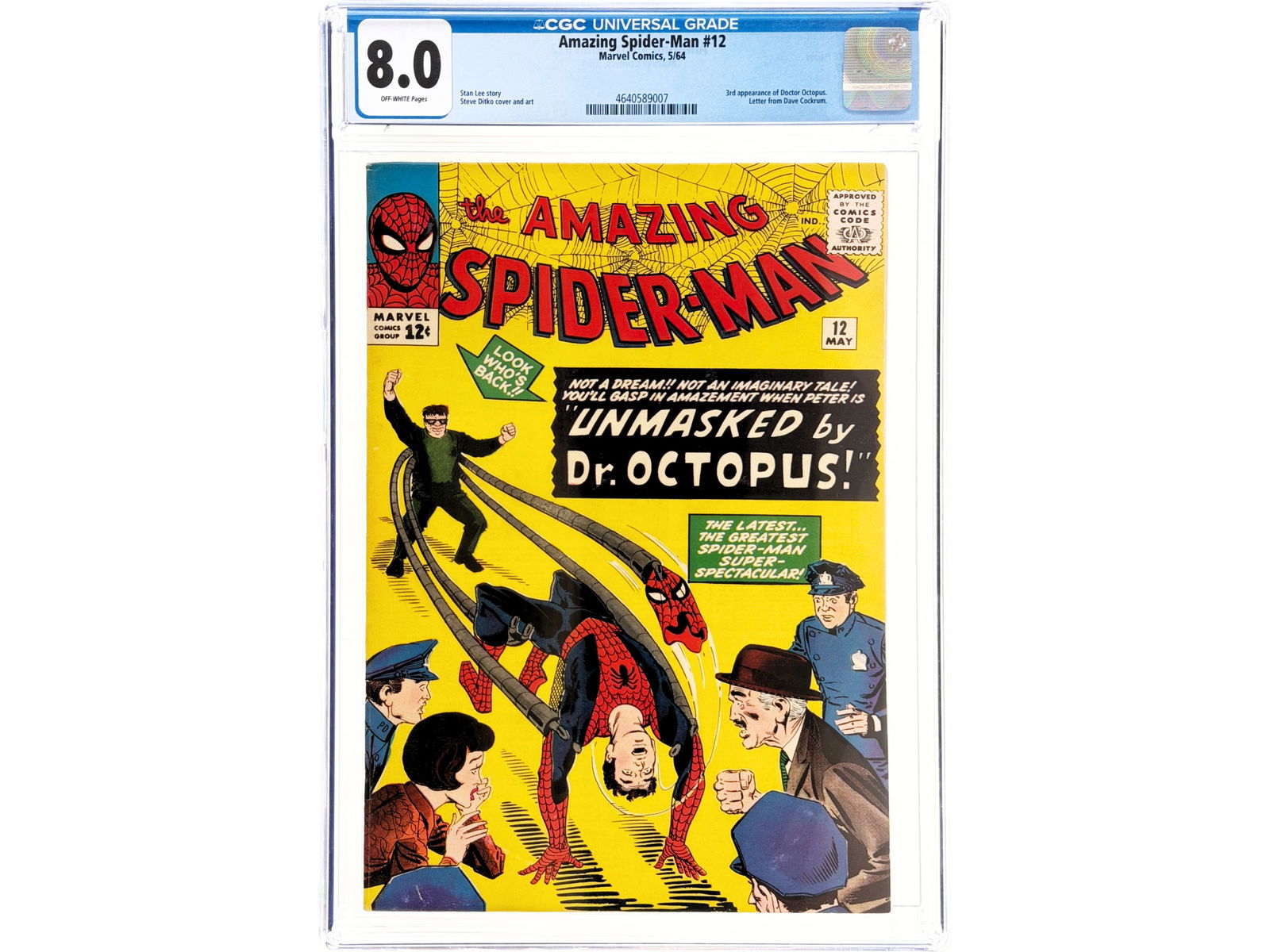 Amazing Spider-Man #12 CGC 8.0: Marvel Comics, May 1964. CGC 8.0 with off-white pages. Early Spider-Man issue featuring the third appearance of Doctor Octopus. Classic Stan Lee story with Steve Ditko cover and art. Includes a