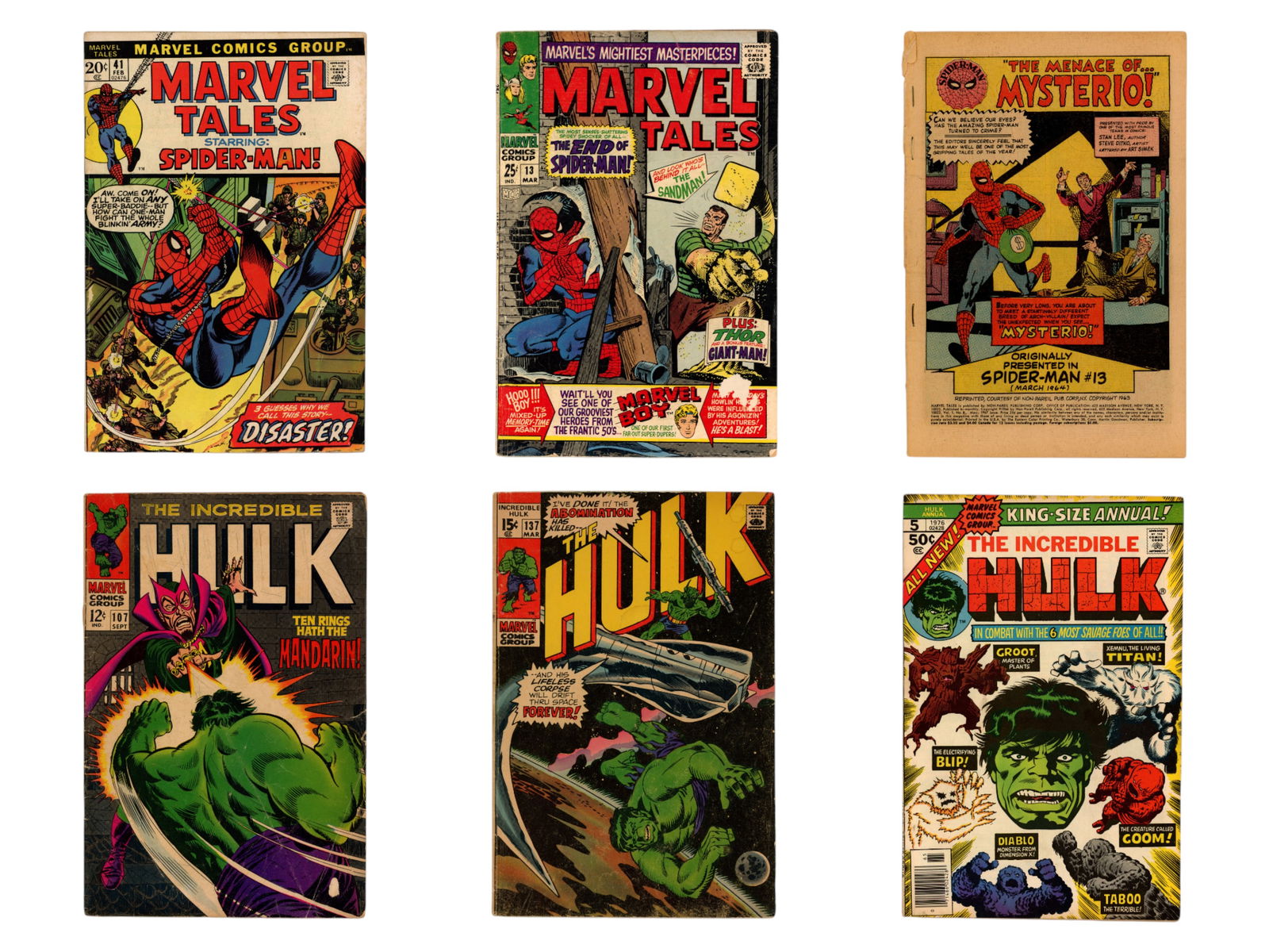 Short Box of Marvel Titles - Marvel Tales & Hulk: Short box of Marvel comic books including Marvel Tales (1964 series) #6, 8, 10-12, 15, 23, 24, 29-30 (several coverless including #6, 8, 10-12, 15, 24, 29, and 30), 17, 38, 41-43, 51, 54, 58, 60, 62,